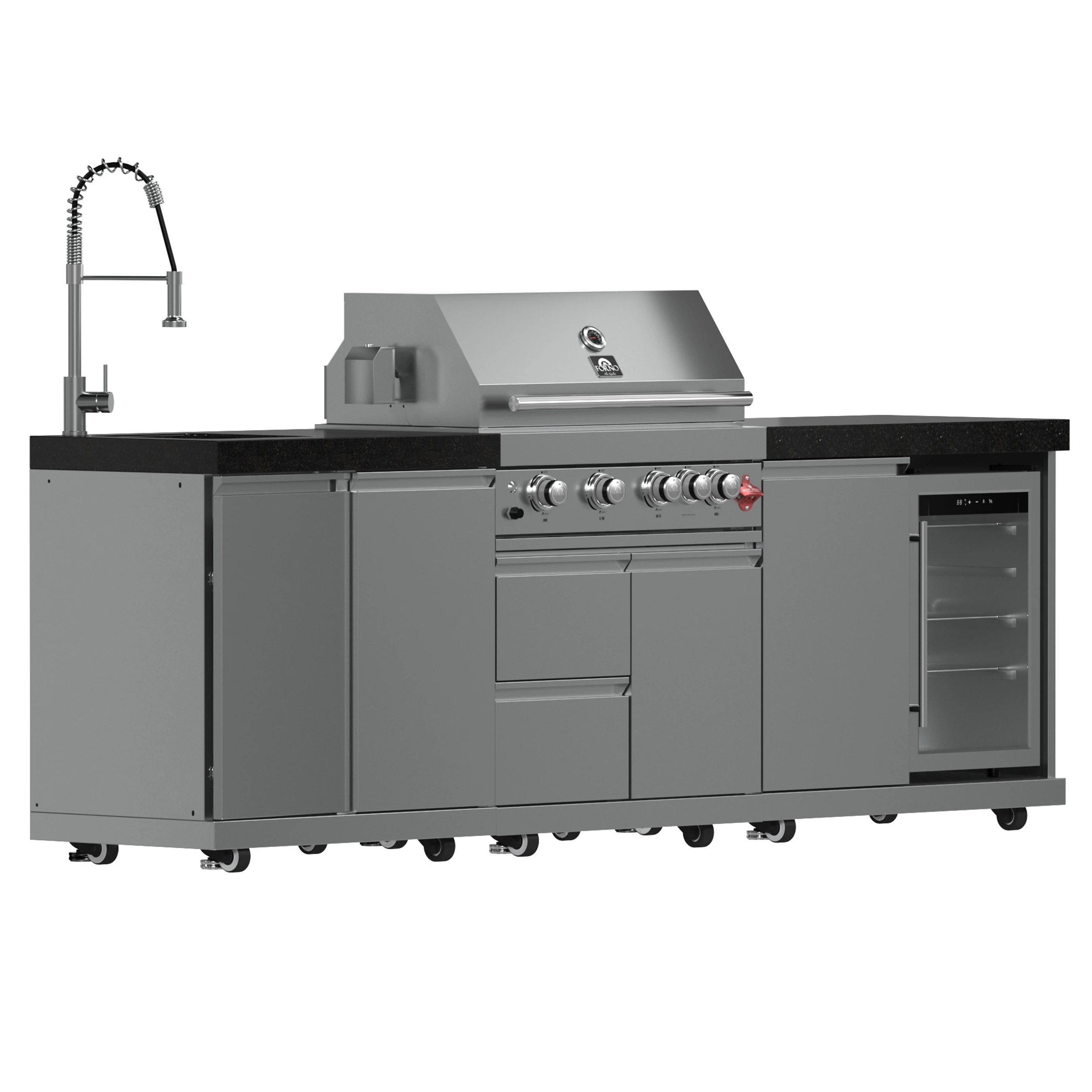 Bulnes 30-Inch BBQ, 60,000 BTU, 3 Burners with Sear & Rotisserie Infrared Burners, Outdoor Kitchen with 1.8 cu.ft. Beverage Center & Granite Countertops FODKT2506BLK