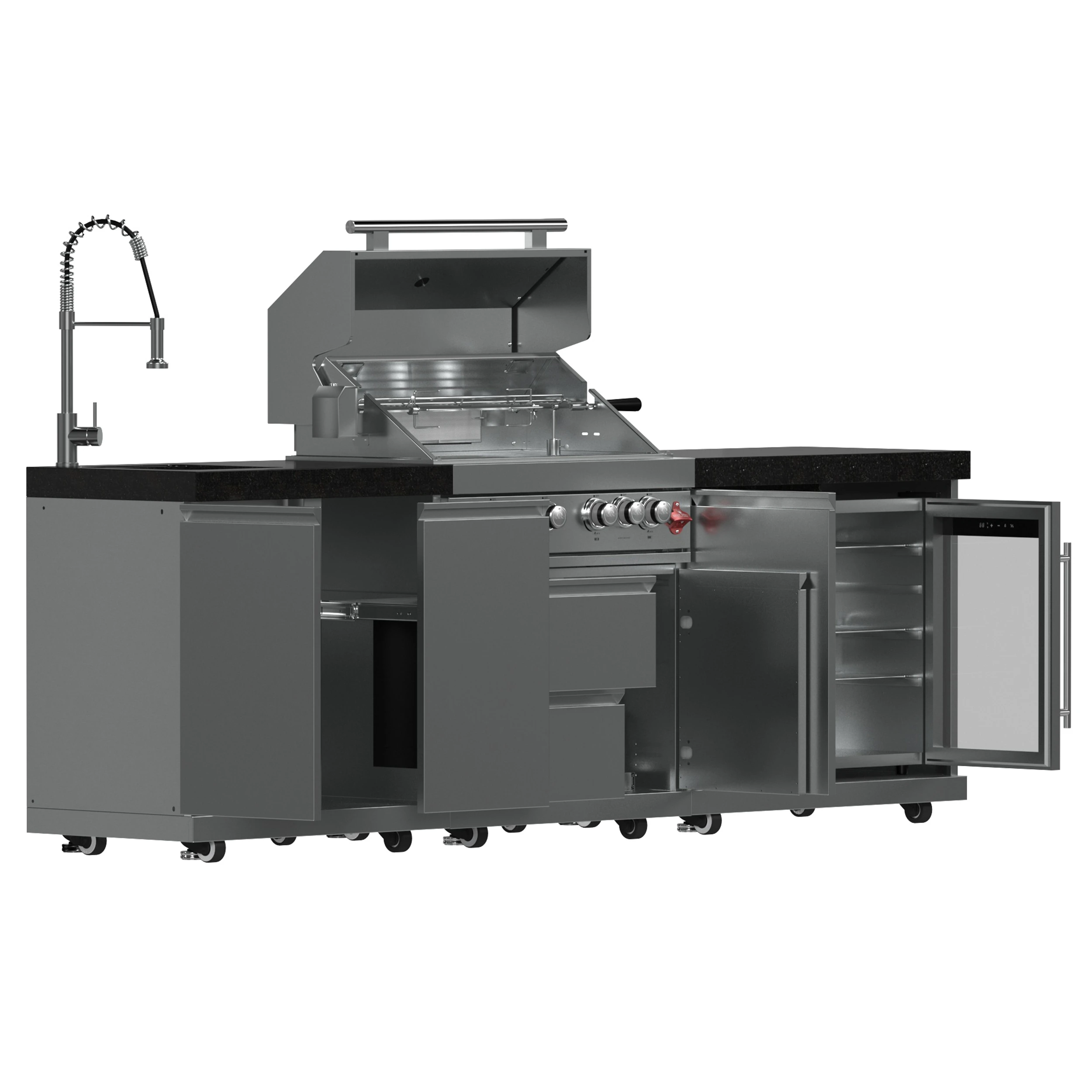 Bulnes 30-Inch BBQ, 60,000 BTU, 3 Burners with Sear & Rotisserie Infrared Burners, Outdoor Kitchen with 1.8 cu.ft. Beverage Center & Granite Countertops FODKT2506BLK
