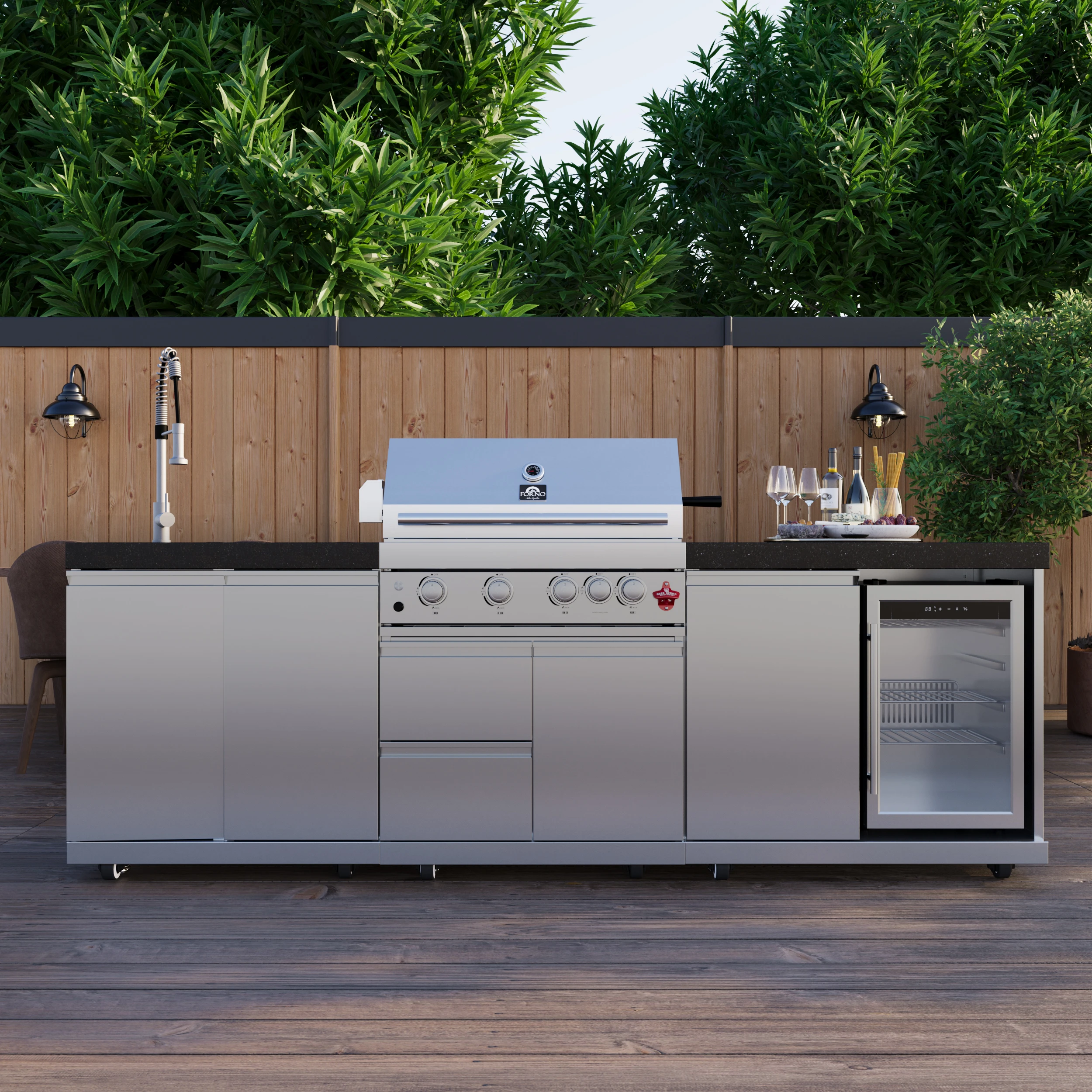 Bulnes 30-Inch BBQ, 60,000 BTU, 3 Burners with Sear & Rotisserie Infrared Burners, Outdoor Kitchen with 1.8 cu.ft. Beverage Center & Granite Countertops FODKT2506BLK