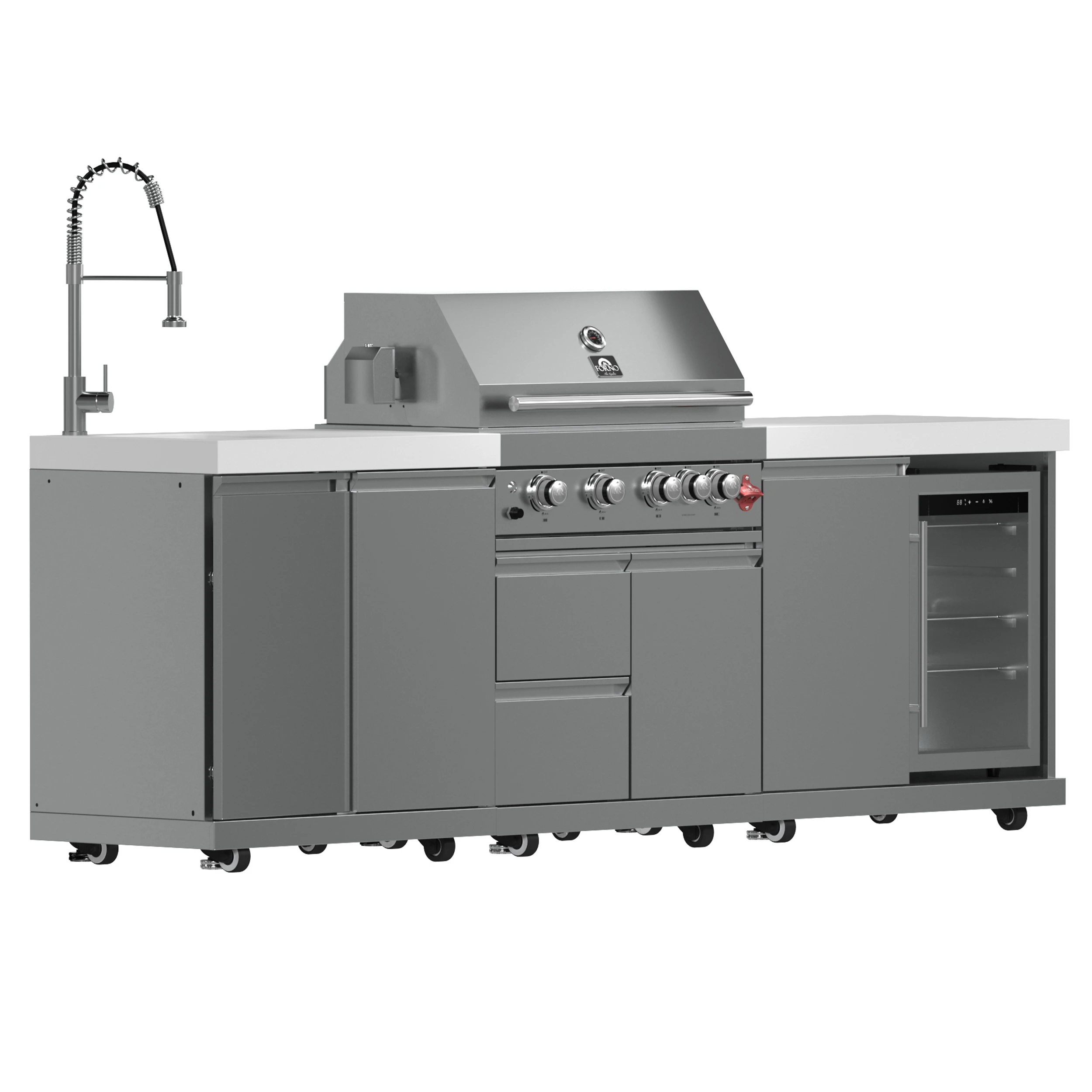 Bulnes 30-Inch BBQ, 60,000 BTU, 3 Burners with Sear & Rotisserie Infrared Burners, Outdoor Kitchen with 1.8 cu.ft. Beverage Center & Sintered Stone Countertops FODKT2506WHT