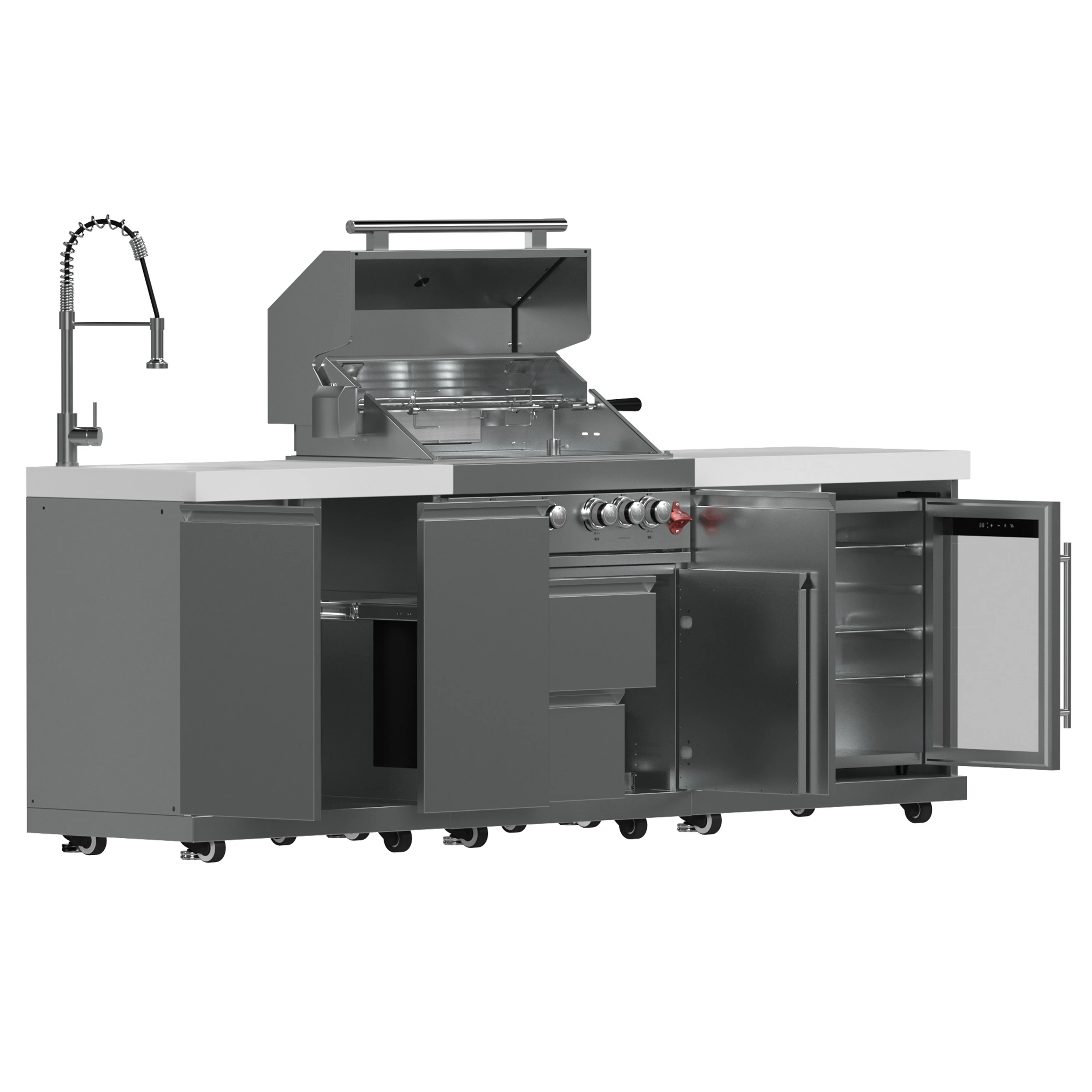 Bulnes 30-Inch BBQ, 60,000 BTU, 3 Burners with Sear & Rotisserie Infrared Burners, Outdoor Kitchen with 1.8 cu.ft. Beverage Center & Sintered Stone Countertops FODKT2506WHT