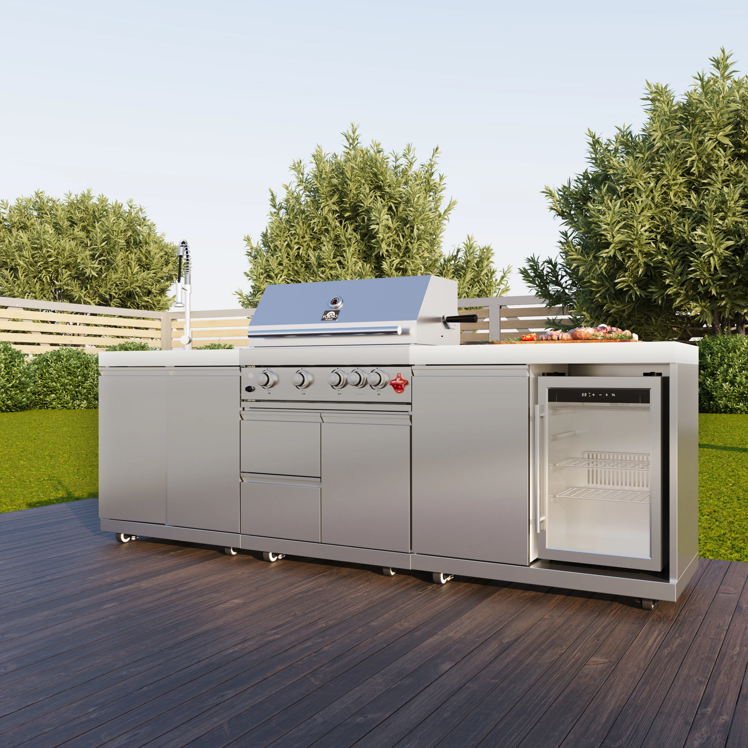 Bulnes 30-Inch BBQ, 60,000 BTU, 3 Burners with Sear & Rotisserie Infrared Burners, Outdoor Kitchen with 1.8 cu.ft. Beverage Center & Sintered Stone Countertops FODKT2506WHT