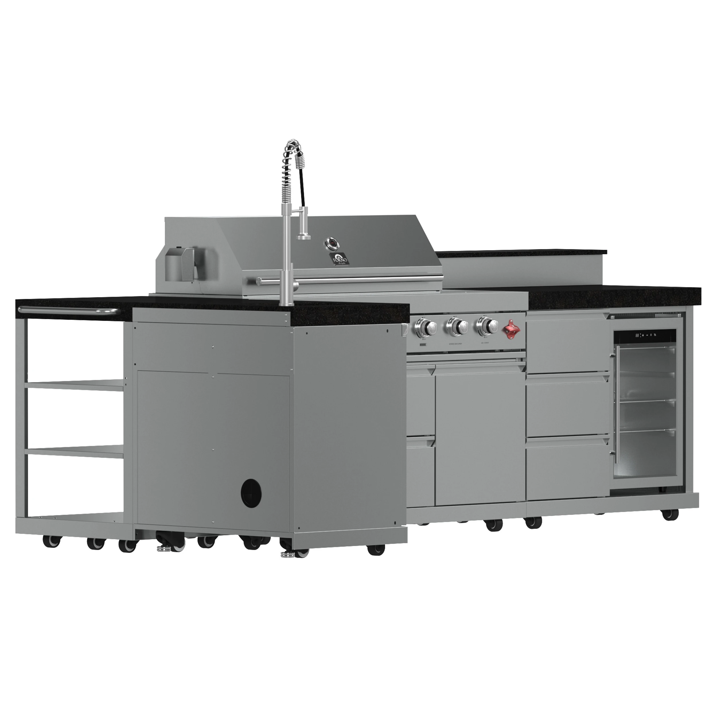 Bulnes 40-Inch BBQ, 95,000 BTU, 5 Burners, Sear & Rotisserie Infrared with Side Burner, Outdoor Kitchen with 1.8 cu.ft. Beverage Center & Granite Countertops FODKT2520BLK