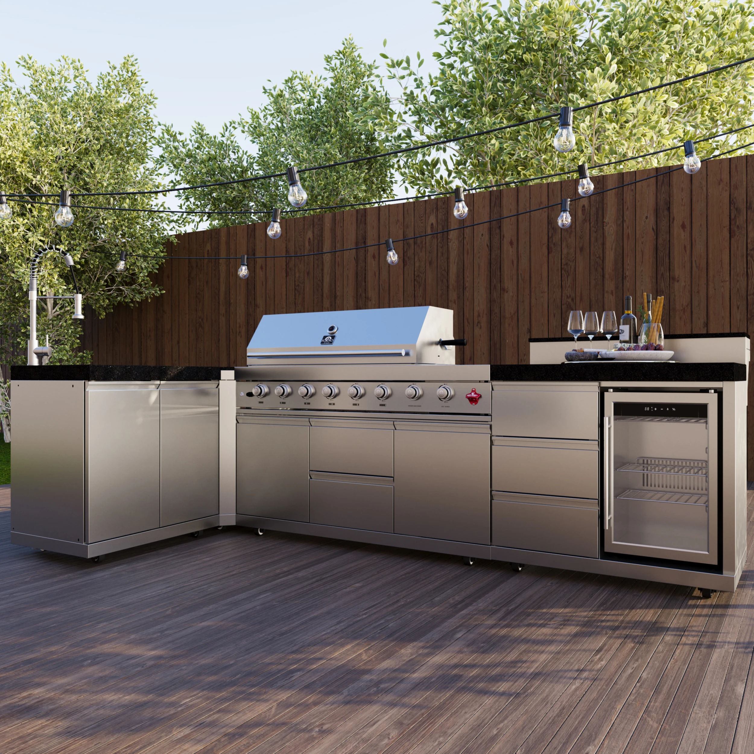 Bulnes 40-Inch BBQ, 95,000 BTU, 5 Burners, Sear & Rotisserie Infrared with Side Burner, Outdoor Kitchen with 1.8 cu.ft. Beverage Center & Granite Countertops FODKT2520BLK
