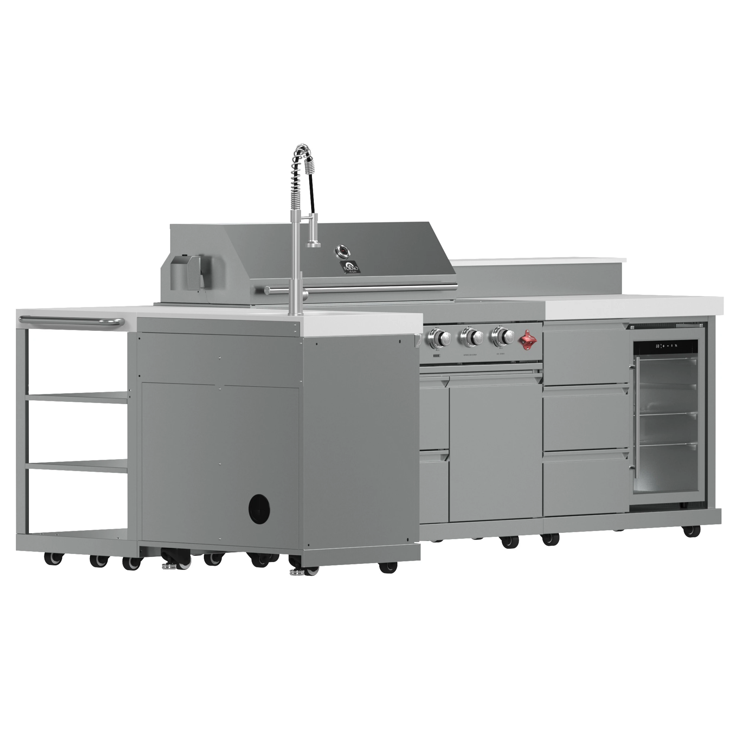 Bulnes 40-Inch BBQ, 95,000 BTU, 5 Burners, Sear & Rotisserie Infrared with Side Burner, Outdoor Kitchen with 1.8 cu.ft. Beverage Center & Sintered Stone Countertops FODKT2520WHT