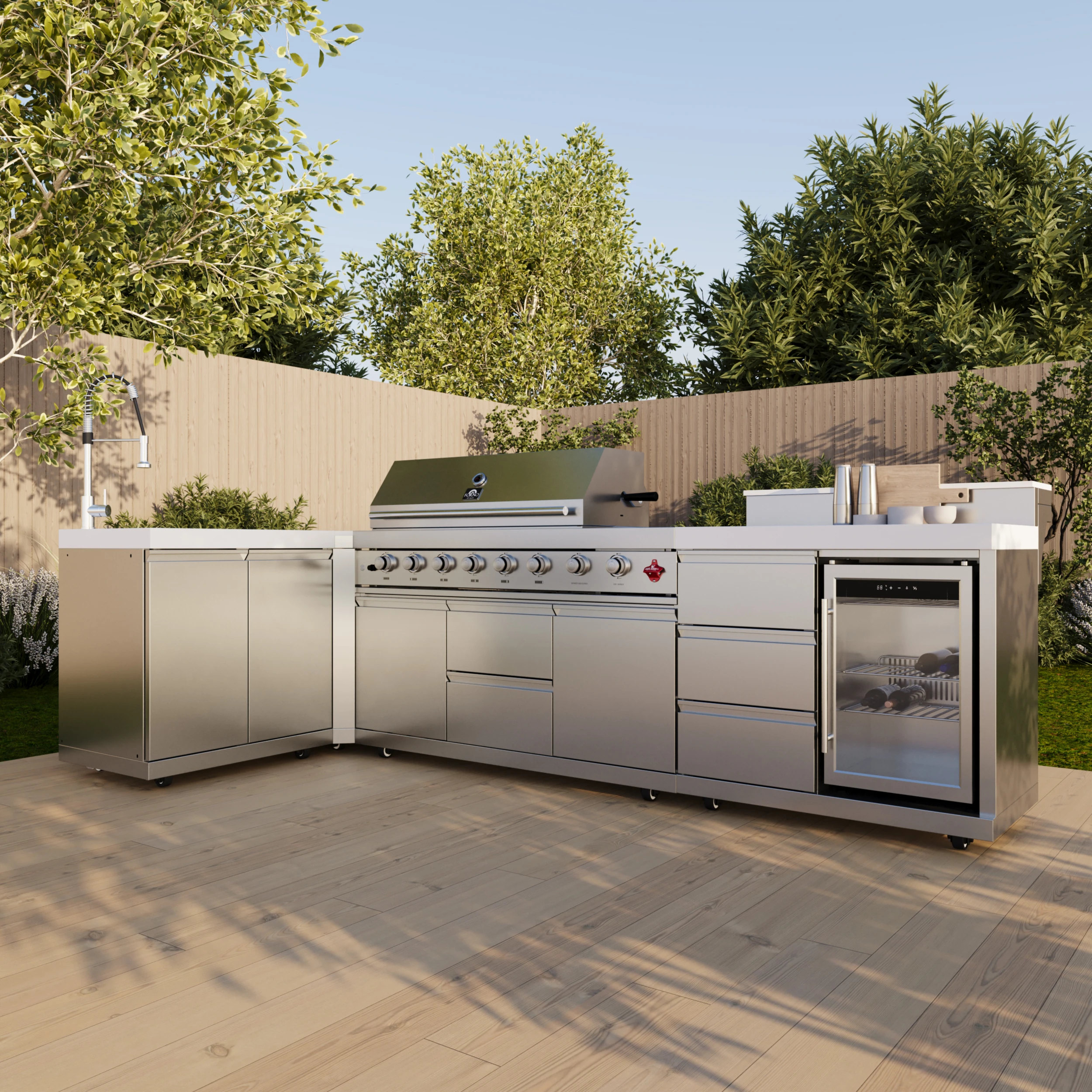 Bulnes 40-Inch BBQ, 95,000 BTU, 5 Burners, Sear & Rotisserie Infrared with Side Burner, Outdoor Kitchen with 1.8 cu.ft. Beverage Center & Sintered Stone Countertops FODKT2520WHT