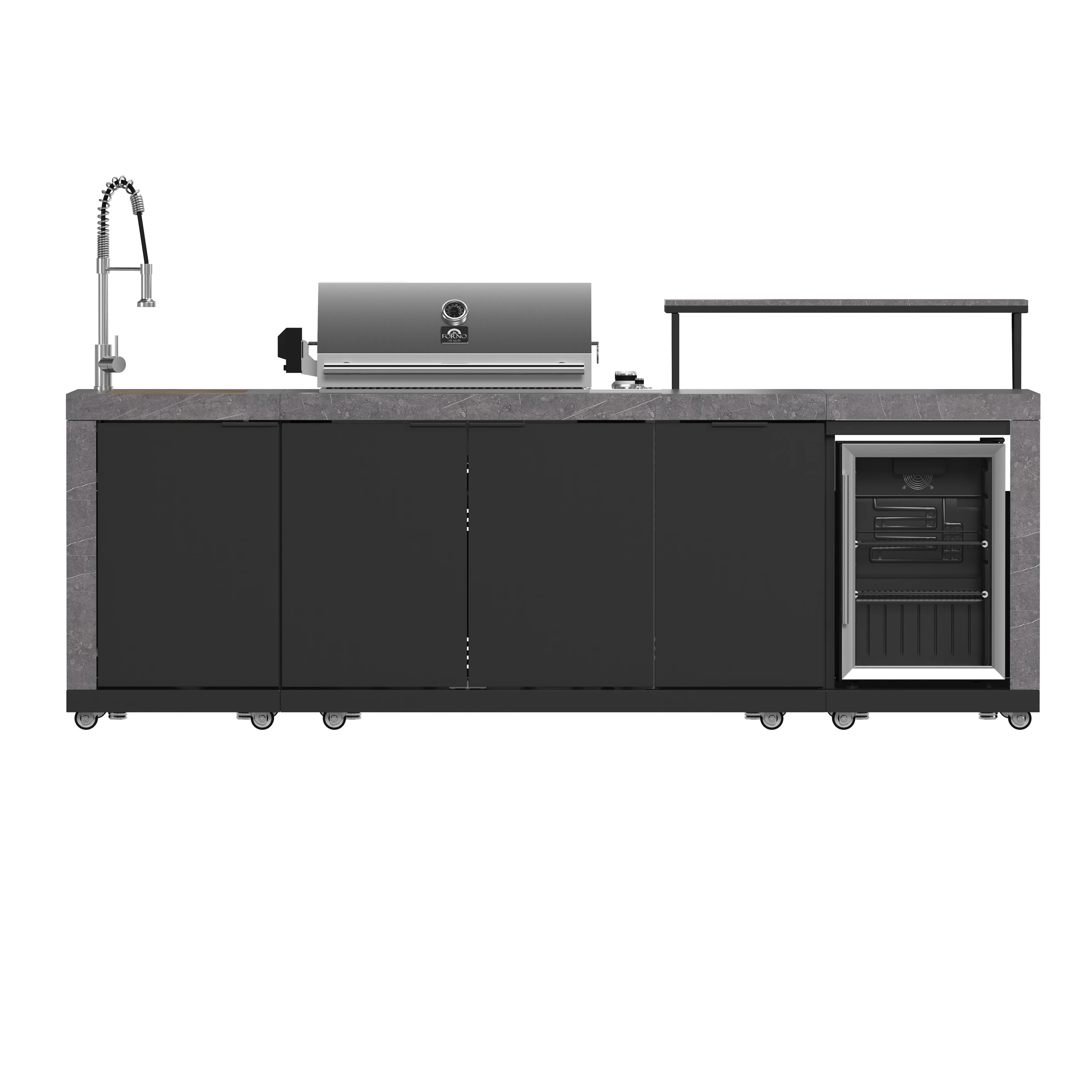 Rimini Outdoor Kitchen 30" BBQ 62,600 BTU, 3 Burners with Sear & Rotisserie, 2.4 cu.ft. Beverage Center, Sink, Cabinets & Sintered Stone Countertop FODKT2544BLK