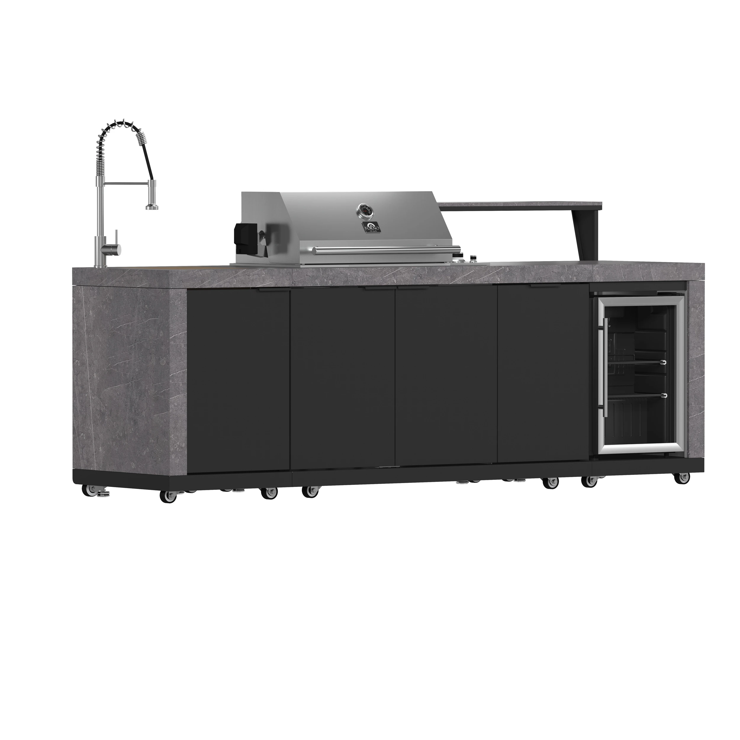 Rimini Outdoor Kitchen 30" BBQ 62,600 BTU, 3 Burners with Sear & Rotisserie, 2.4 cu.ft. Beverage Center, Sink, Cabinets & Sintered Stone Countertop FODKT2544BLK