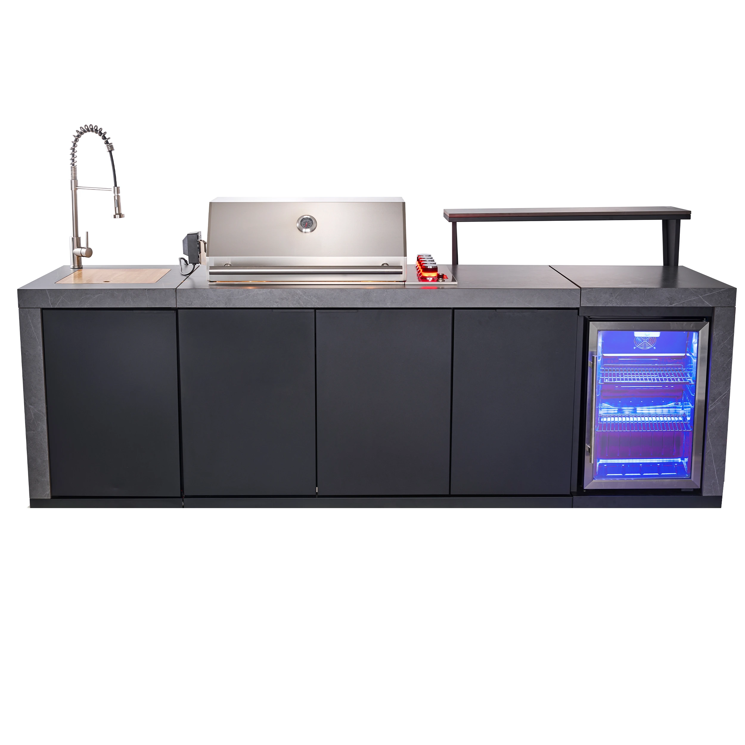 Rimini Outdoor Kitchen 30" BBQ 62,600 BTU, 3 Burners with Sear & Rotisserie, 2.4 cu.ft. Beverage Center, Sink, Cabinets & Sintered Stone Countertop FODKT2544BLK