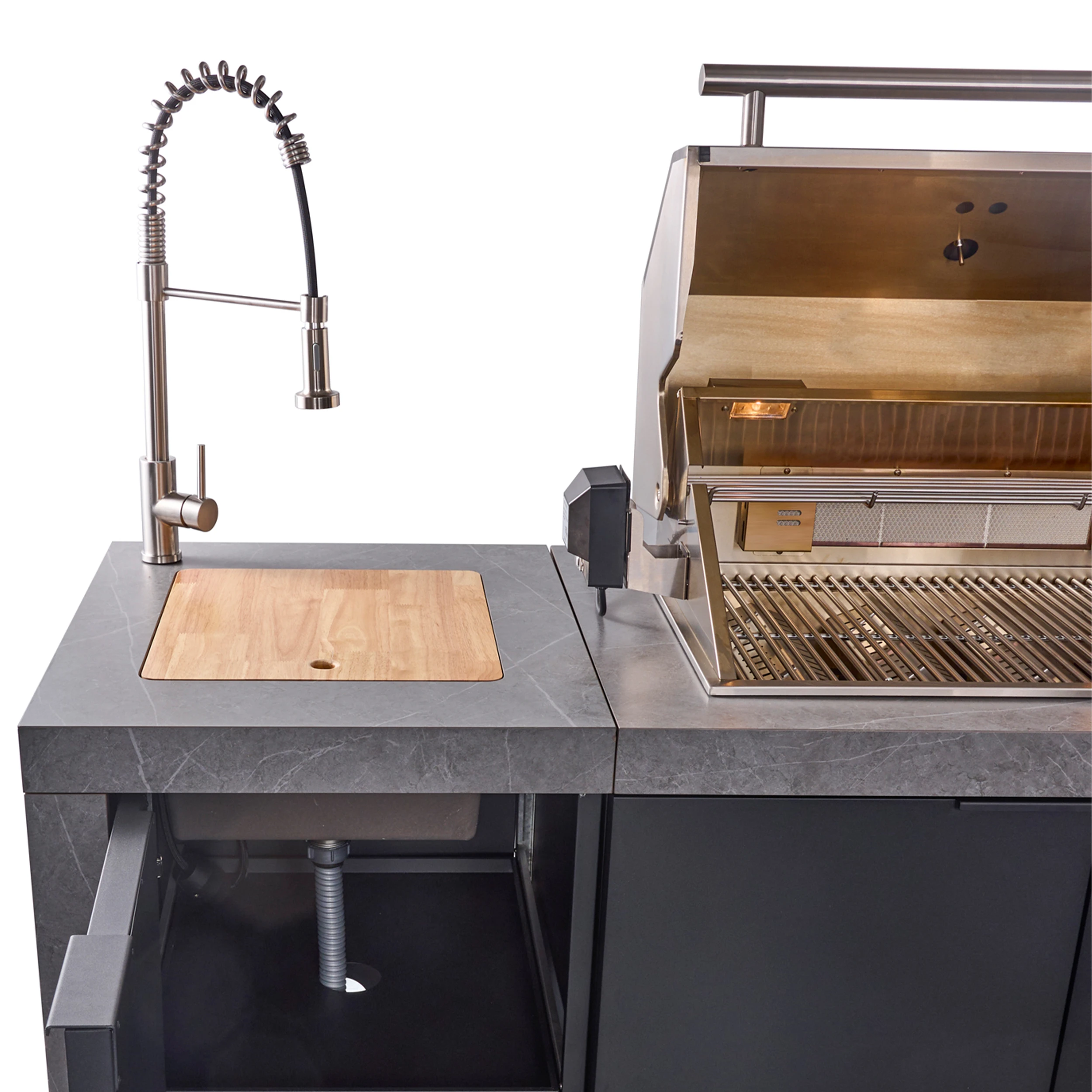 Rimini Outdoor Kitchen 30" BBQ 62,600 BTU, 3 Burners with Sear & Rotisserie, 2.4 cu.ft. Beverage Center, Sink, Cabinets & Sintered Stone Countertop FODKT2544BLK
