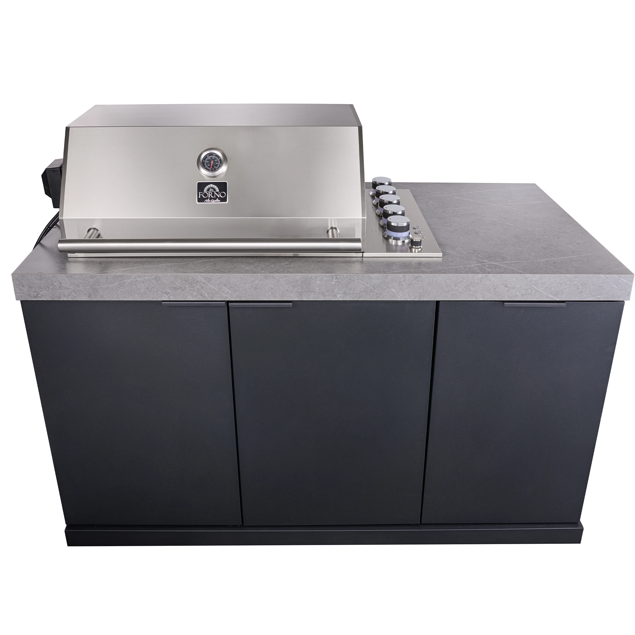 Rimini Outdoor Kitchen 30" BBQ 62,600 BTU, 3 Burners with Sear & Rotisserie, 2.4 cu.ft. Beverage Center, Sink, Cabinets & Sintered Stone Countertop FODKT2544BLK