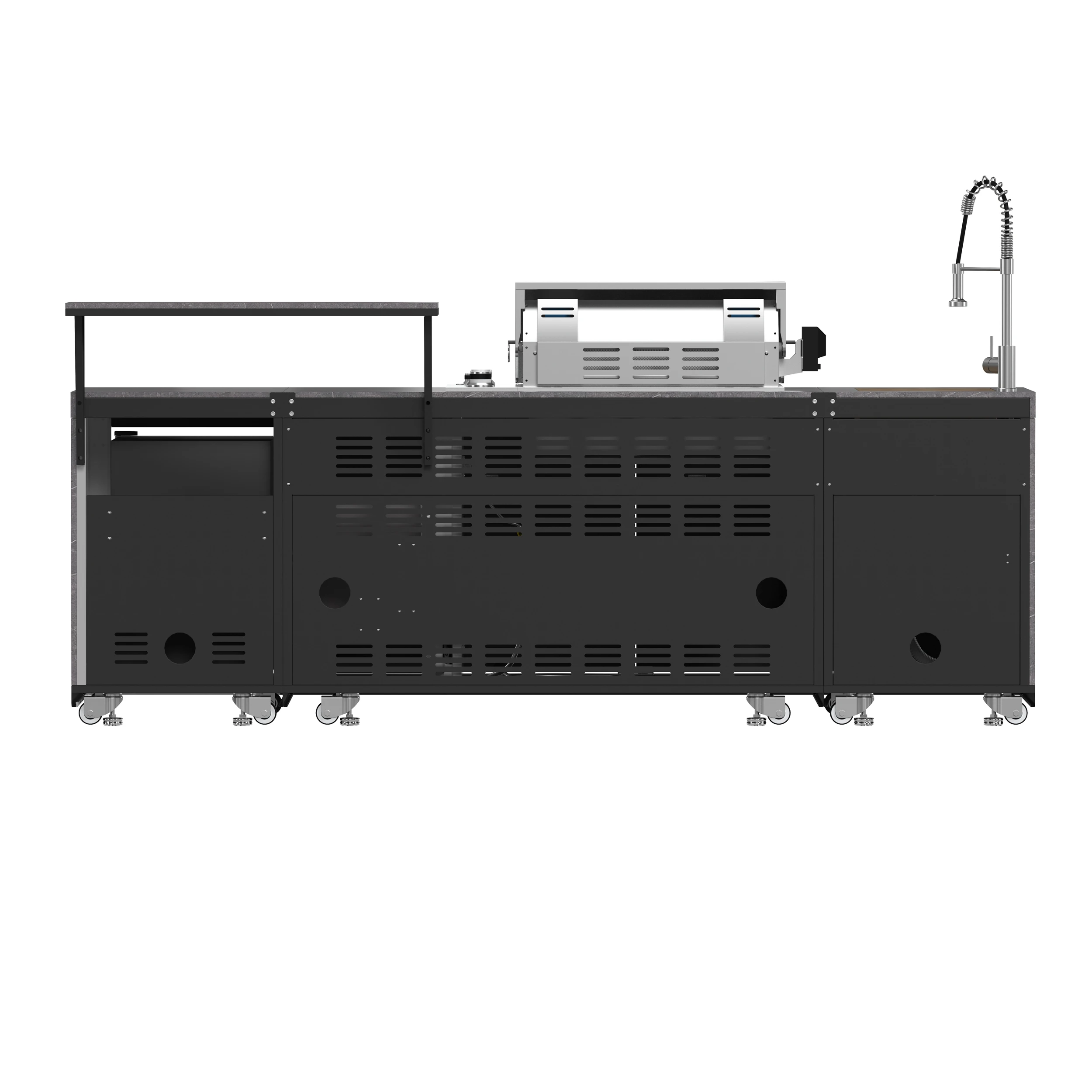 Rimini Outdoor Kitchen 30" BBQ 62,600 BTU, 3 Burners with Sear & Rotisserie, 2.4 cu.ft. Beverage Center, Sink, Cabinets & Sintered Stone Countertop FODKT2544BLK