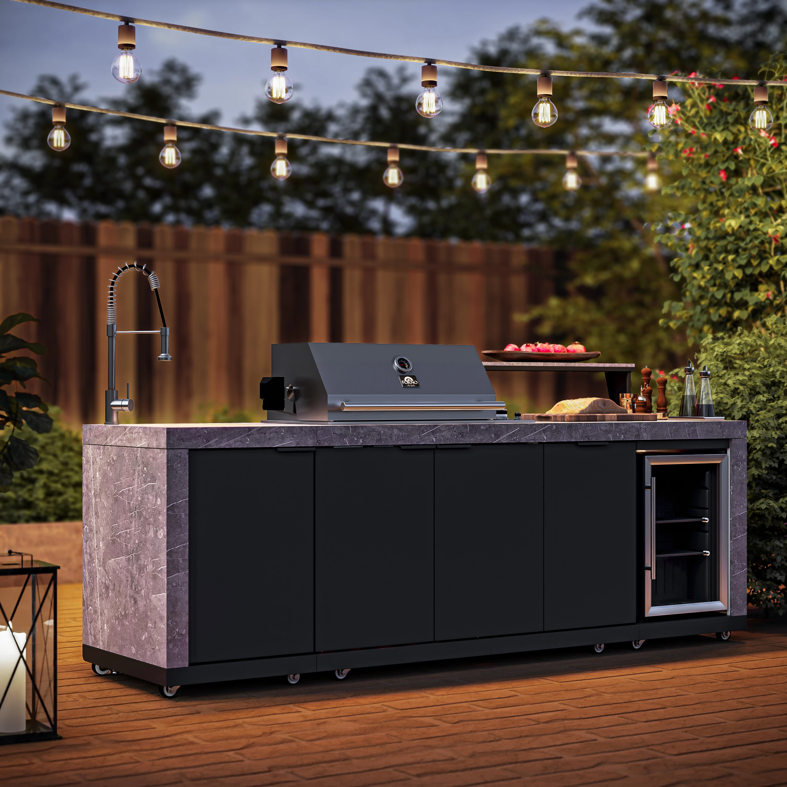 Rimini Outdoor Kitchen 30" BBQ 62,600 BTU, 3 Burners with Sear & Rotisserie, 2.4 cu.ft. Beverage Center, Sink, Cabinets & Sintered Stone Countertop FODKT2544BLK