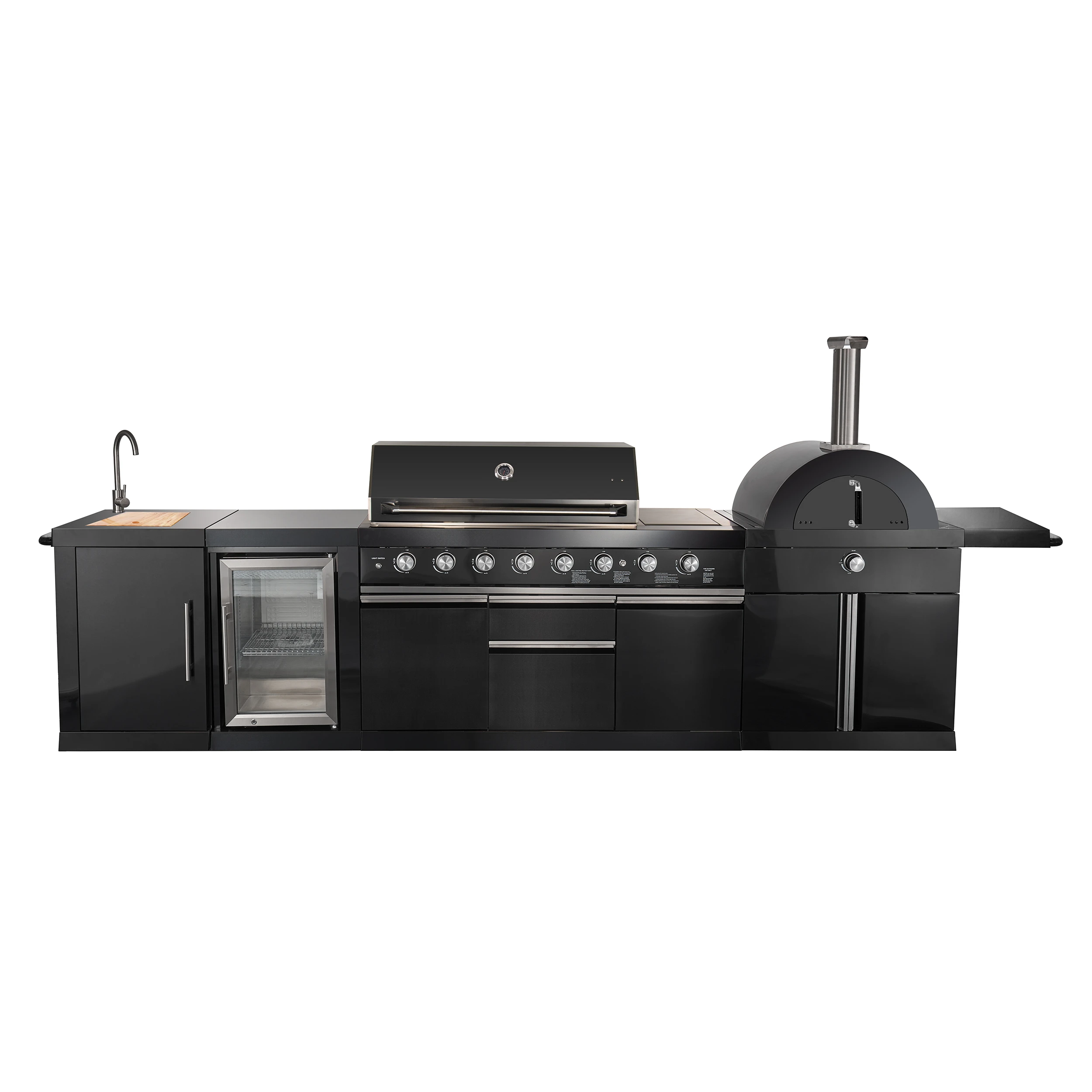 All’Aperto 87,600 BTU Outdoor Kitchen, 4 Burners, Infrared Burners, Side Burner, Sintered Stone Countertops, Gas Pizza Oven, Sink Module, Bar & Beverage Center FODKT2551BLK