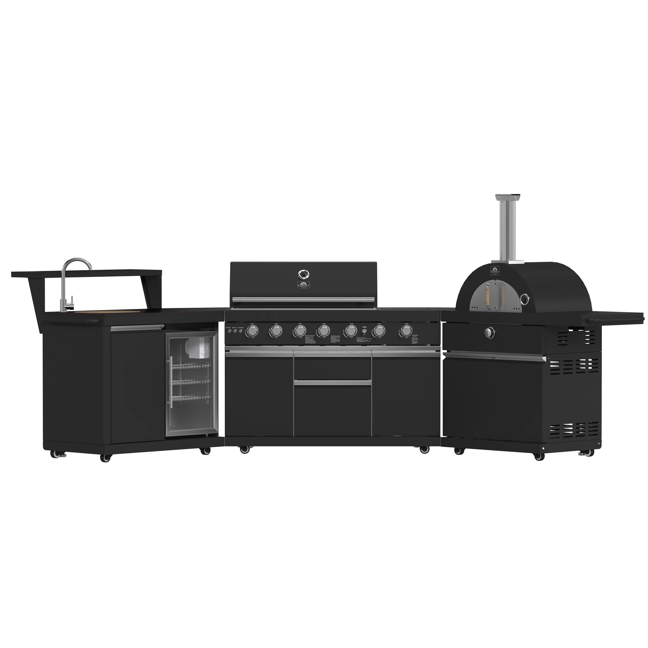 All’Aperto 87,600 BTU Outdoor Kitchen, 4 Burners, Infrared Burners, Side Burner, Sintered Stone Countertops, Gas Pizza Oven, Sink Module, Bar & Beverage Center FODKT2551BLK
