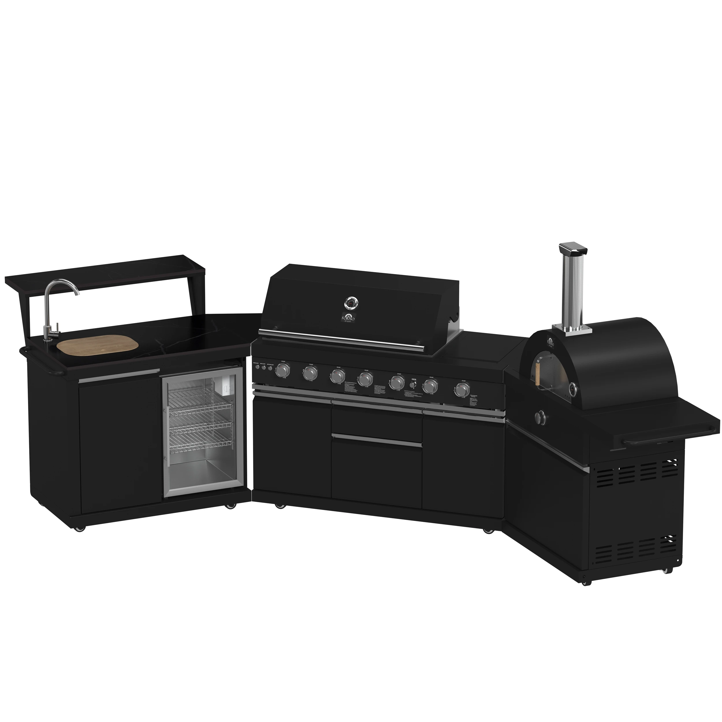 All’Aperto 87,600 BTU Outdoor Kitchen, 4 Burners, Infrared Burners, Side Burner, Sintered Stone Countertops, Gas Pizza Oven, Sink Module, Bar & Beverage Center FODKT2551BLK