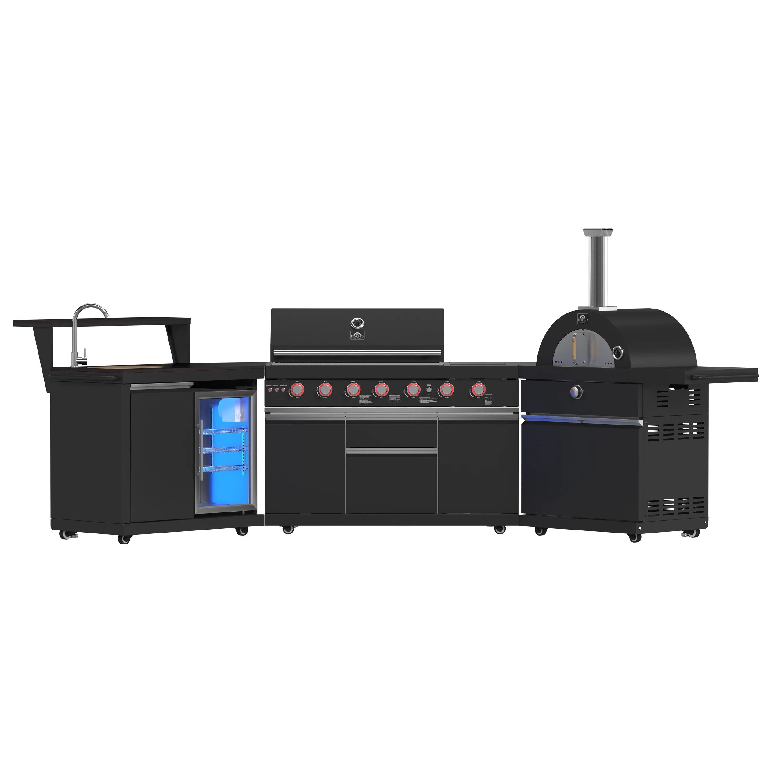All’Aperto 87,600 BTU Outdoor Kitchen, 4 Burners, Infrared Burners, Side Burner, Sintered Stone Countertops, Gas Pizza Oven, Sink Module, Bar & Beverage Center FODKT2551BLK