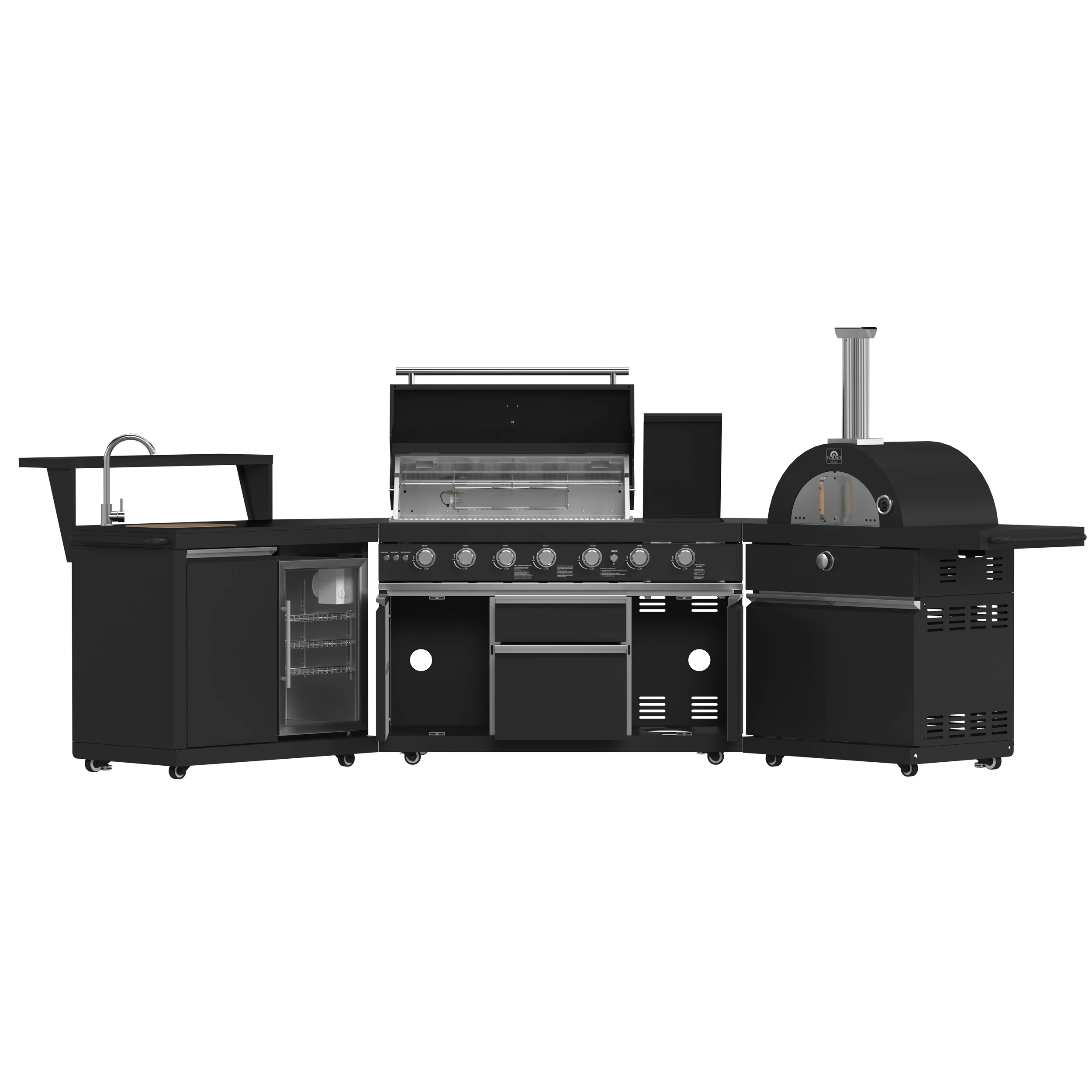 All’Aperto 87,600 BTU Outdoor Kitchen, 4 Burners, Infrared Burners, Side Burner, Sintered Stone Countertops, Gas Pizza Oven, Sink Module, Bar & Beverage Center FODKT2551BLK