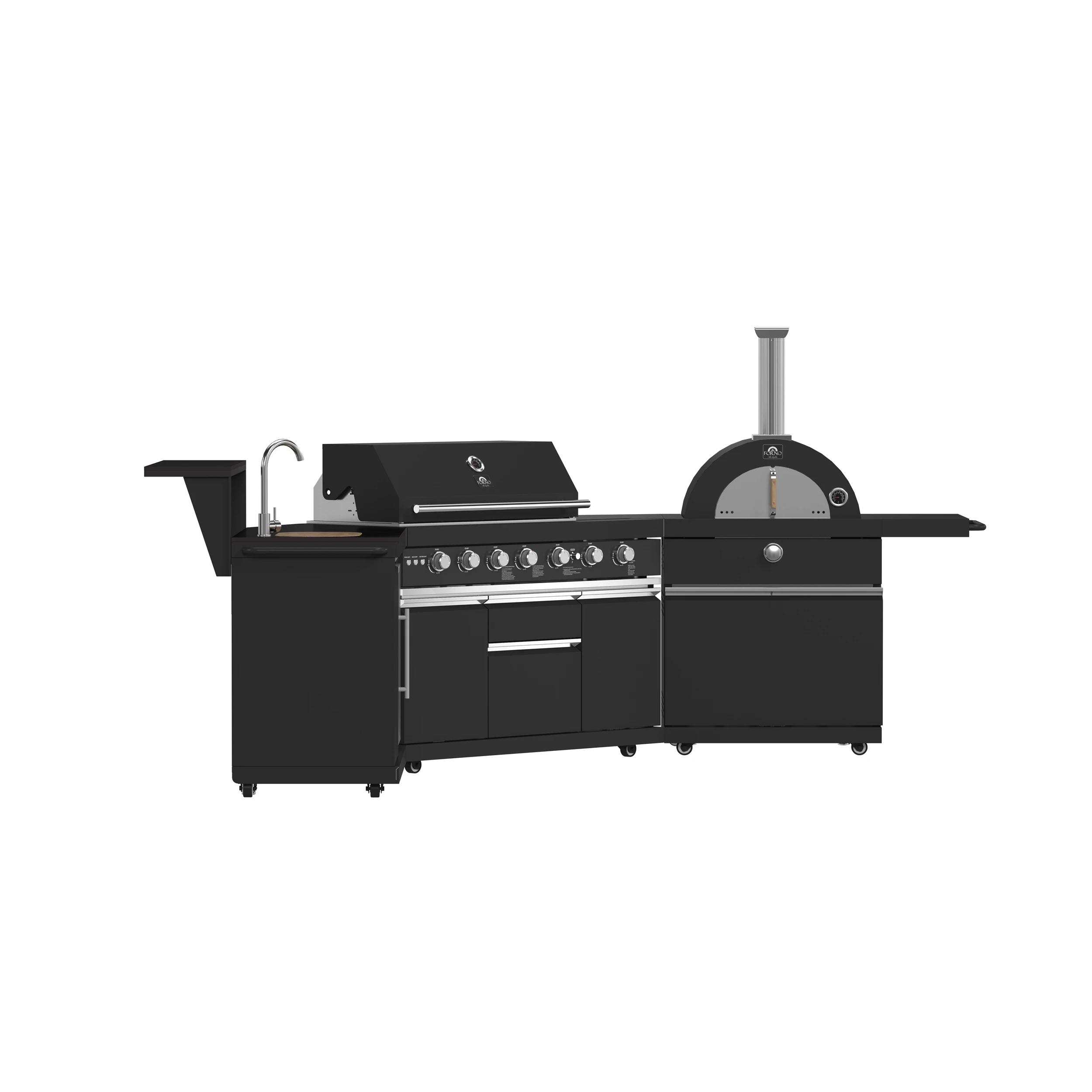 All’Aperto 87,600 BTU Outdoor Kitchen, 4 Burners, Infrared Burners, Side Burner, Sintered Stone Countertops, Gas Pizza Oven, Sink Module, Bar & Beverage Center FODKT2551BLK