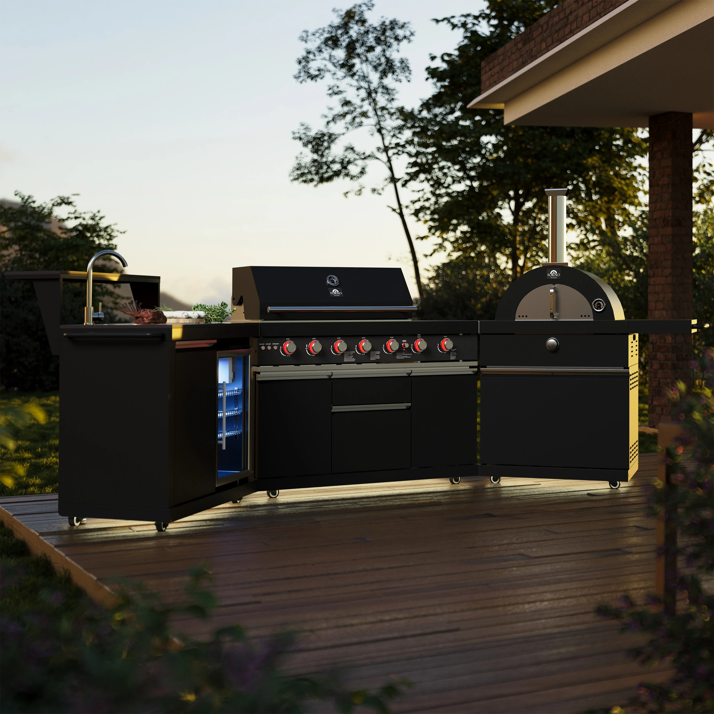 All’Aperto 87,600 BTU Outdoor Kitchen, 4 Burners, Infrared Burners, Side Burner, Sintered Stone Countertops, Gas Pizza Oven, Sink Module, Bar & Beverage Center FODKT2551BLK