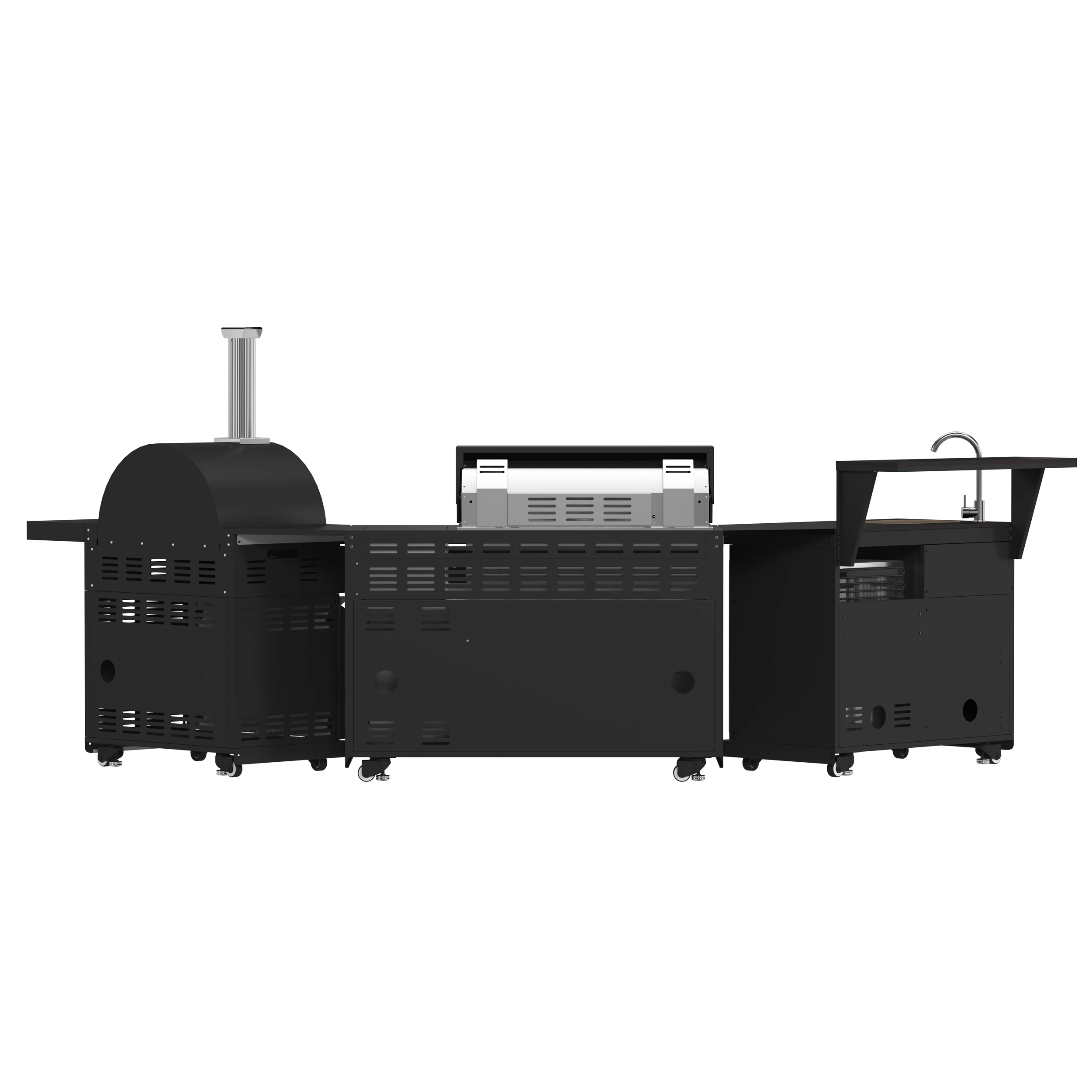 All’Aperto 87,600 BTU Outdoor Kitchen, 4 Burners, Infrared Burners, Side Burner, Sintered Stone Countertops, Gas Pizza Oven, Sink Module, Bar & Beverage Center FODKT2551BLK