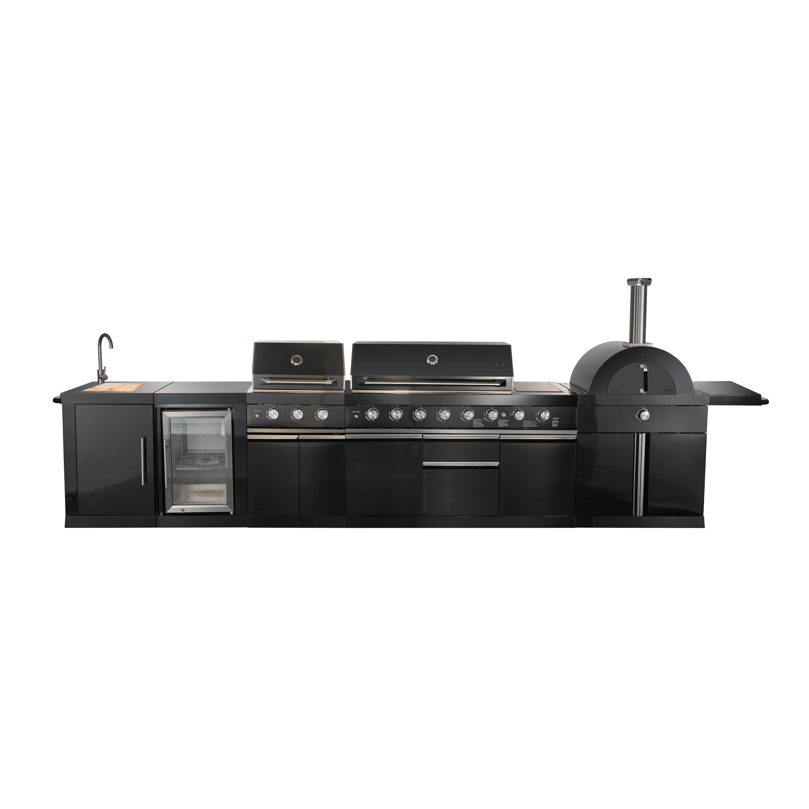All’Aperto 99,600 BTU Outdoor Kitchen, 5 Burners, Infrared Burners, Side Burner, Sintered Stone Countertops, Gas Pizza Oven, Sink Module, Bar & Beverage Center FODKT2568BLK