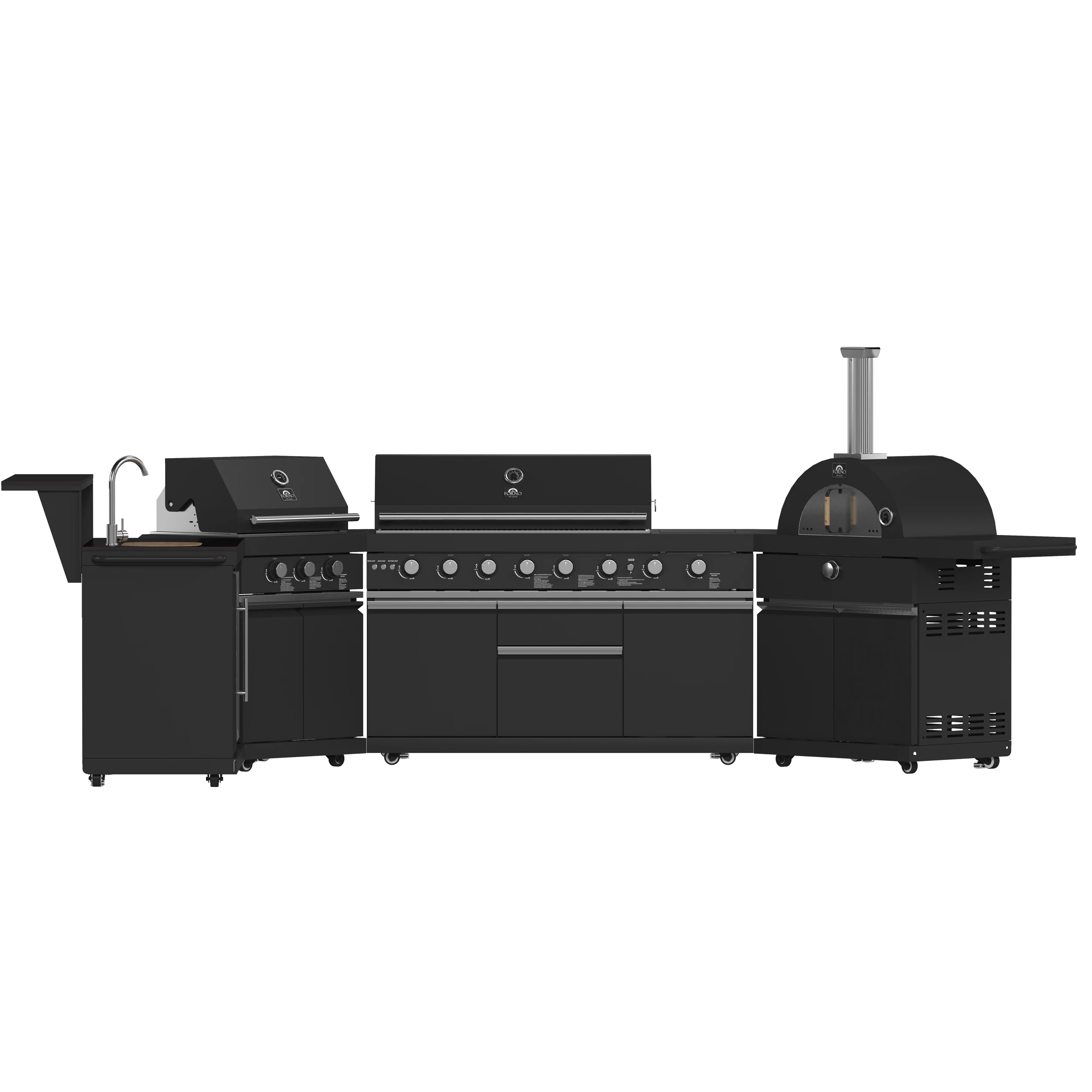 All’Aperto 99,600 BTU Outdoor Kitchen, 5 Burners, Infrared Burners, Side Burner, Sintered Stone Countertops, Gas Pizza Oven, Sink Module, Bar & Beverage Center FODKT2568BLK