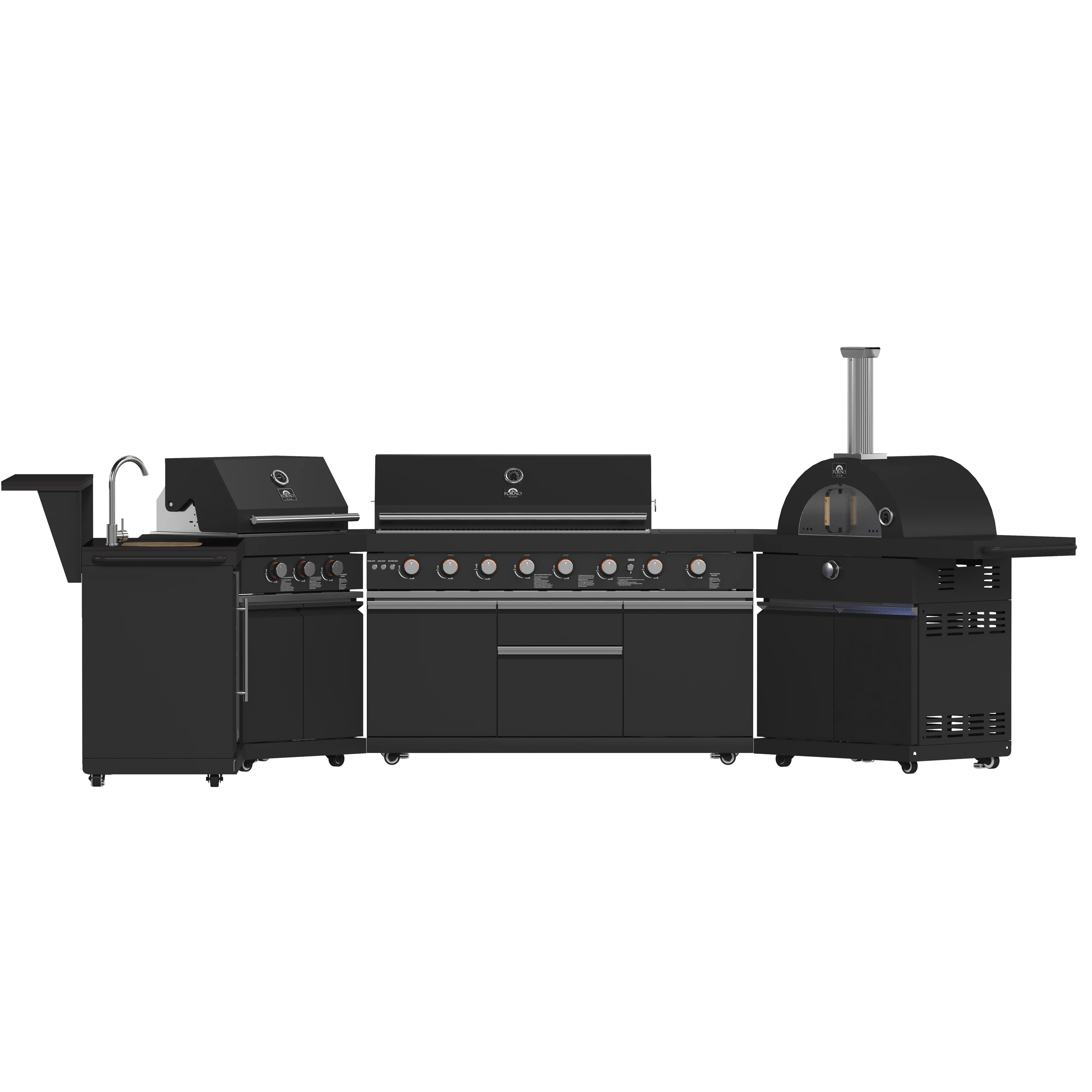 All’Aperto 99,600 BTU Outdoor Kitchen, 5 Burners, Infrared Burners, Side Burner, Sintered Stone Countertops, Gas Pizza Oven, Sink Module, Bar & Beverage Center FODKT2568BLK