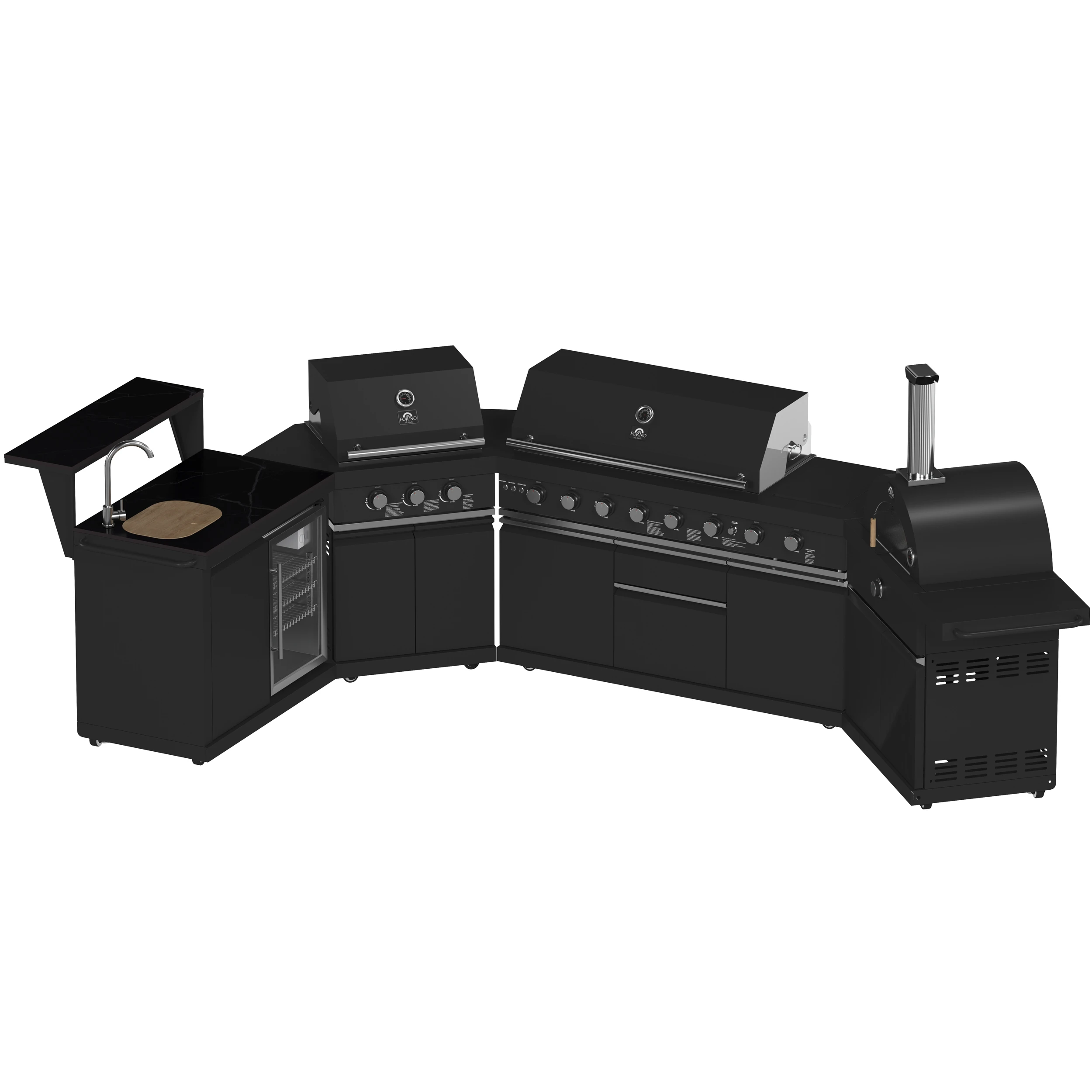 All’Aperto 99,600 BTU Outdoor Kitchen, 5 Burners, Infrared Burners, Side Burner, Sintered Stone Countertops, Gas Pizza Oven, Sink Module, Bar & Beverage Center FODKT2568BLK
