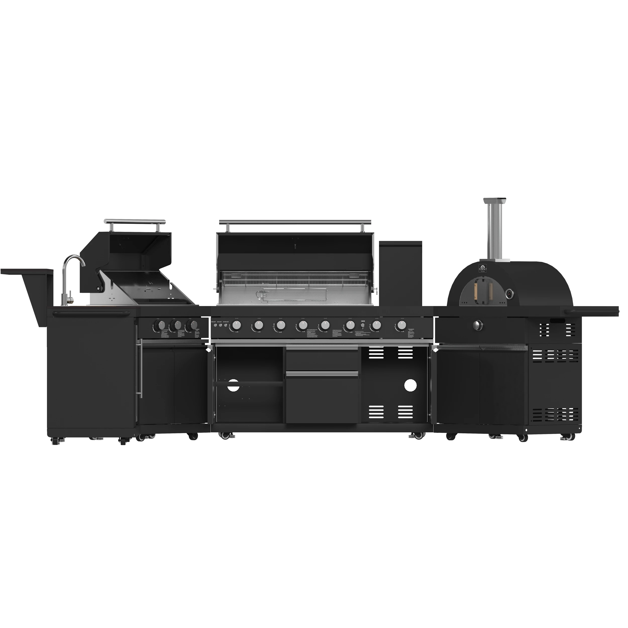All’Aperto 99,600 BTU Outdoor Kitchen, 5 Burners, Infrared Burners, Side Burner, Sintered Stone Countertops, Gas Pizza Oven, Sink Module, Bar & Beverage Center FODKT2568BLK
