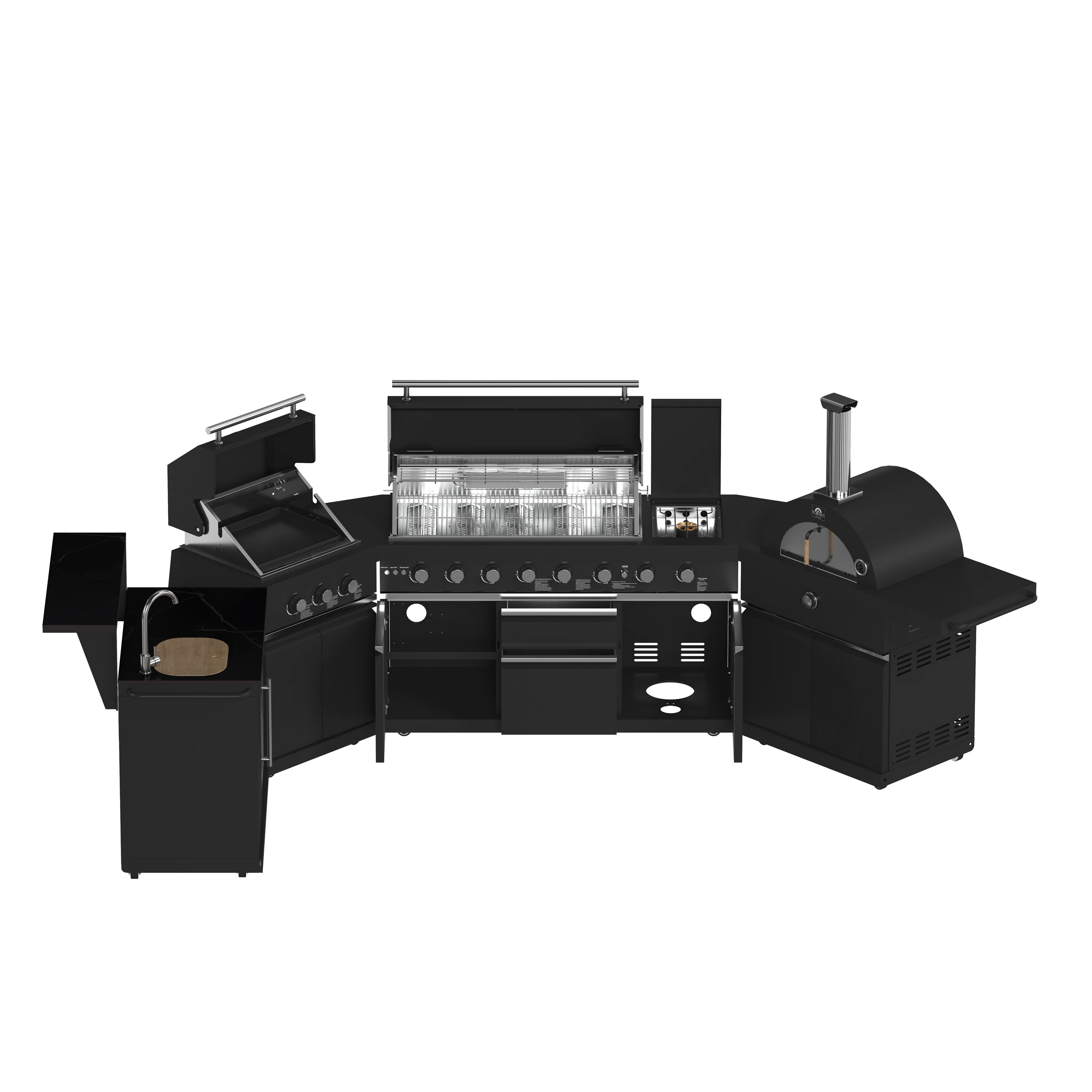 All’Aperto 99,600 BTU Outdoor Kitchen, 5 Burners, Infrared Burners, Side Burner, Sintered Stone Countertops, Gas Pizza Oven, Sink Module, Bar & Beverage Center FODKT2568BLK