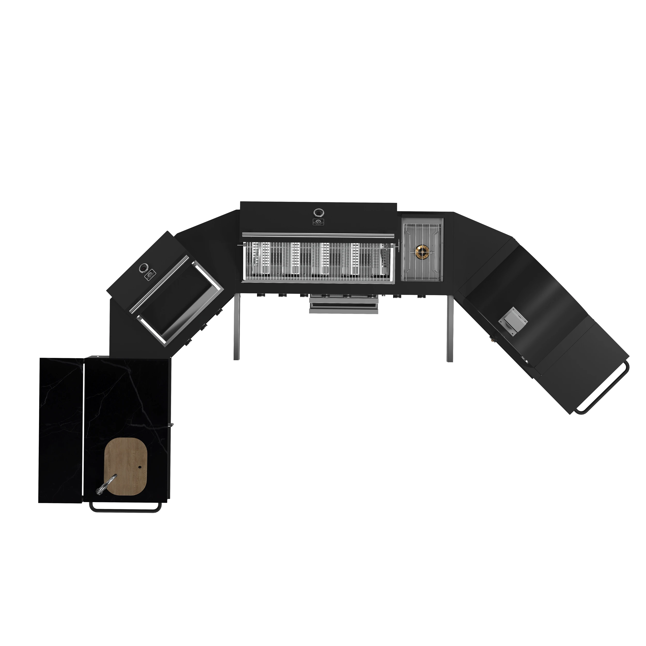 All’Aperto 99,600 BTU Outdoor Kitchen, 5 Burners, Infrared Burners, Side Burner, Sintered Stone Countertops, Gas Pizza Oven, Sink Module, Bar & Beverage Center FODKT2568BLK