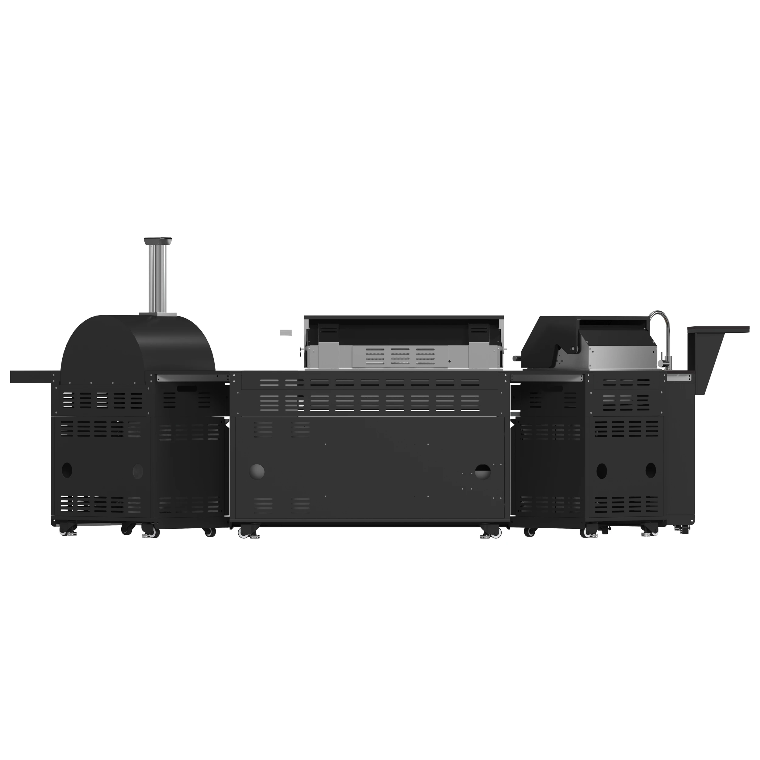 All’Aperto 99,600 BTU Outdoor Kitchen, 5 Burners, Infrared Burners, Side Burner, Sintered Stone Countertops, Gas Pizza Oven, Sink Module, Bar & Beverage Center FODKT2568BLK