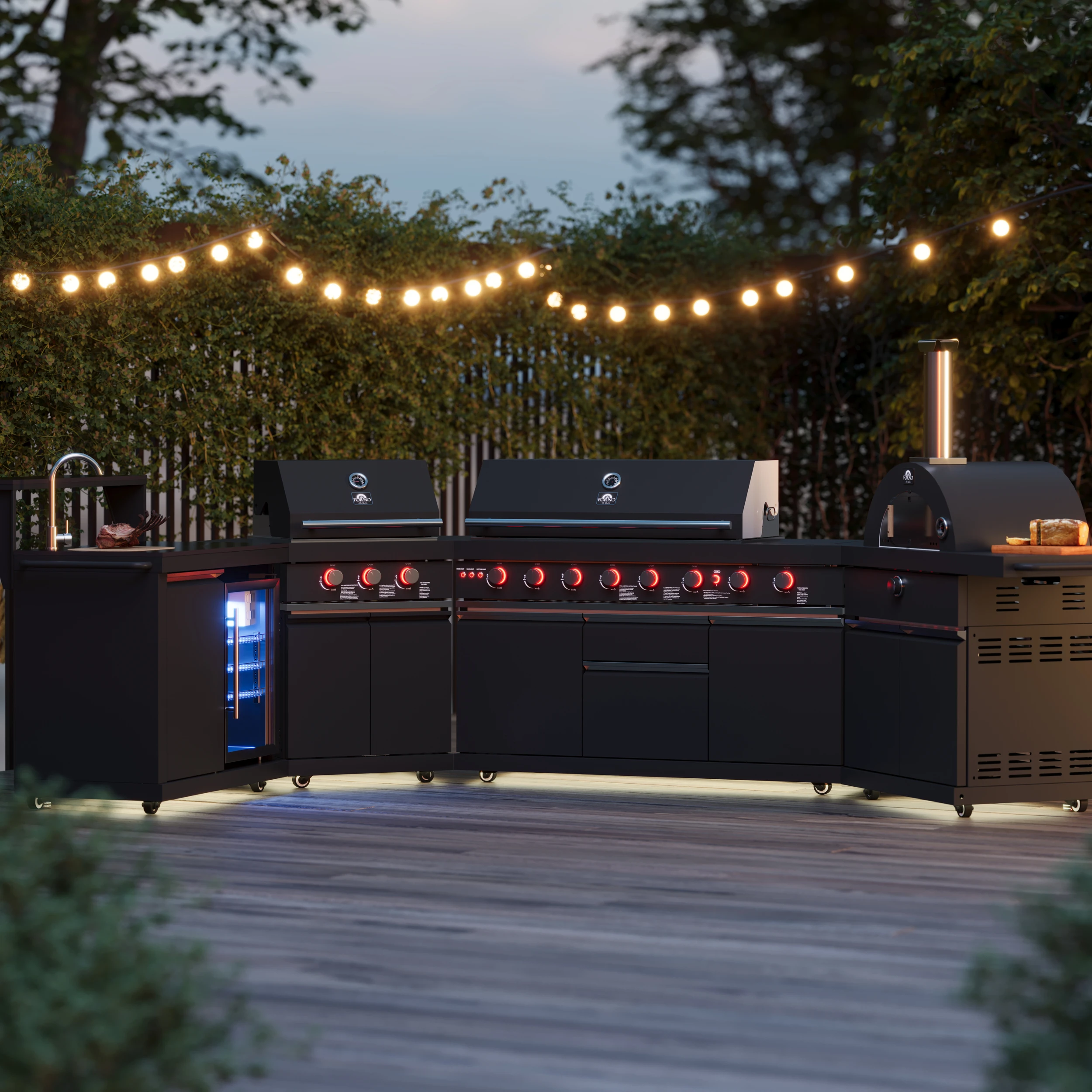 All’Aperto 99,600 BTU Outdoor Kitchen, 5 Burners, Infrared Burners, Side Burner, Sintered Stone Countertops, Gas Pizza Oven, Sink Module, Bar & Beverage Center FODKT2568BLK