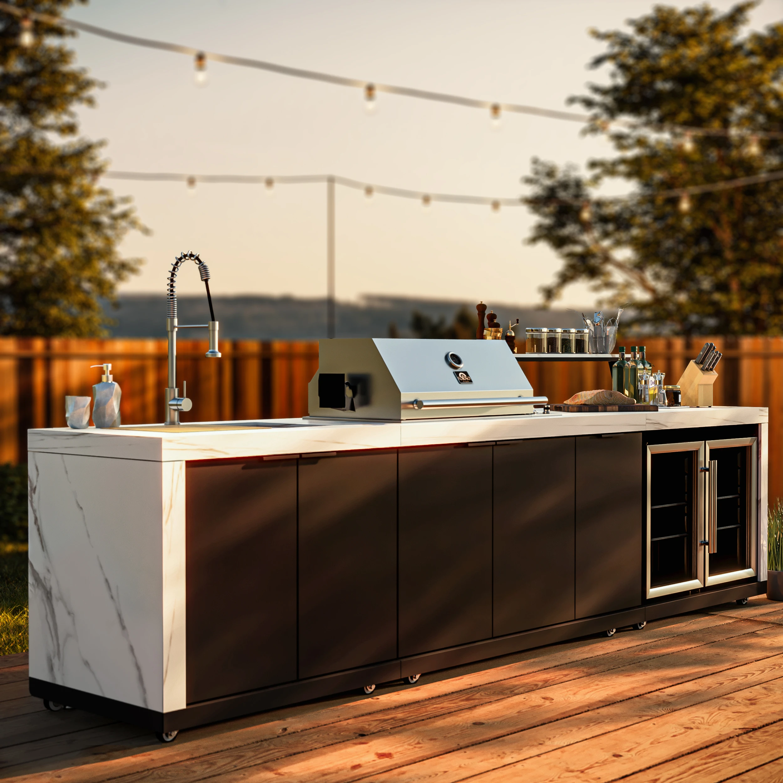 Rimini Outdoor Kitchen: 30" BBQ 62,600 BTU, 4.8 cu.ft. Refrigerators, Countertops FODKT2575WHT