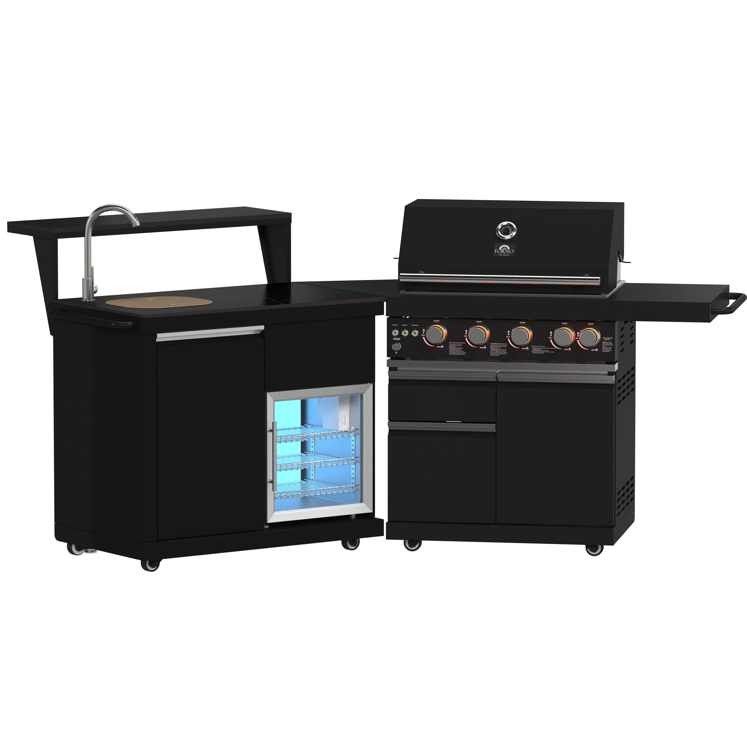 All’Aperto 62,600 BTU BBQ, 3 Burners, Infrared Burners, Sink Module, Sintered Stone Countertops, Bar and Beverage Center FODKT2582BLK