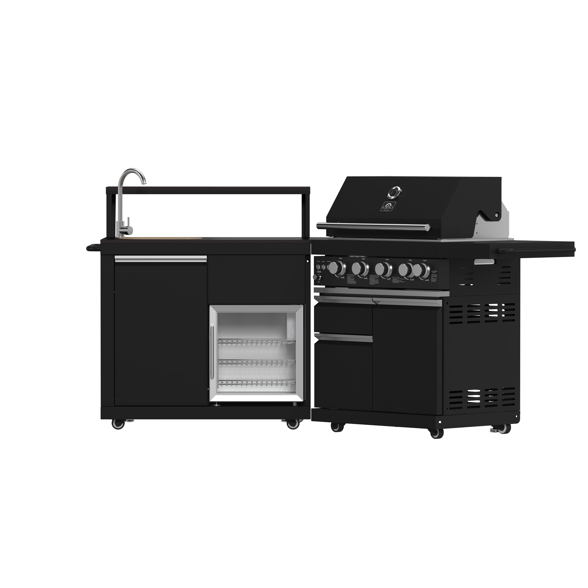 All’Aperto 62,600 BTU BBQ, 3 Burners, Infrared Burners, Sink Module, Sintered Stone Countertops, Bar and Beverage Center FODKT2582BLK