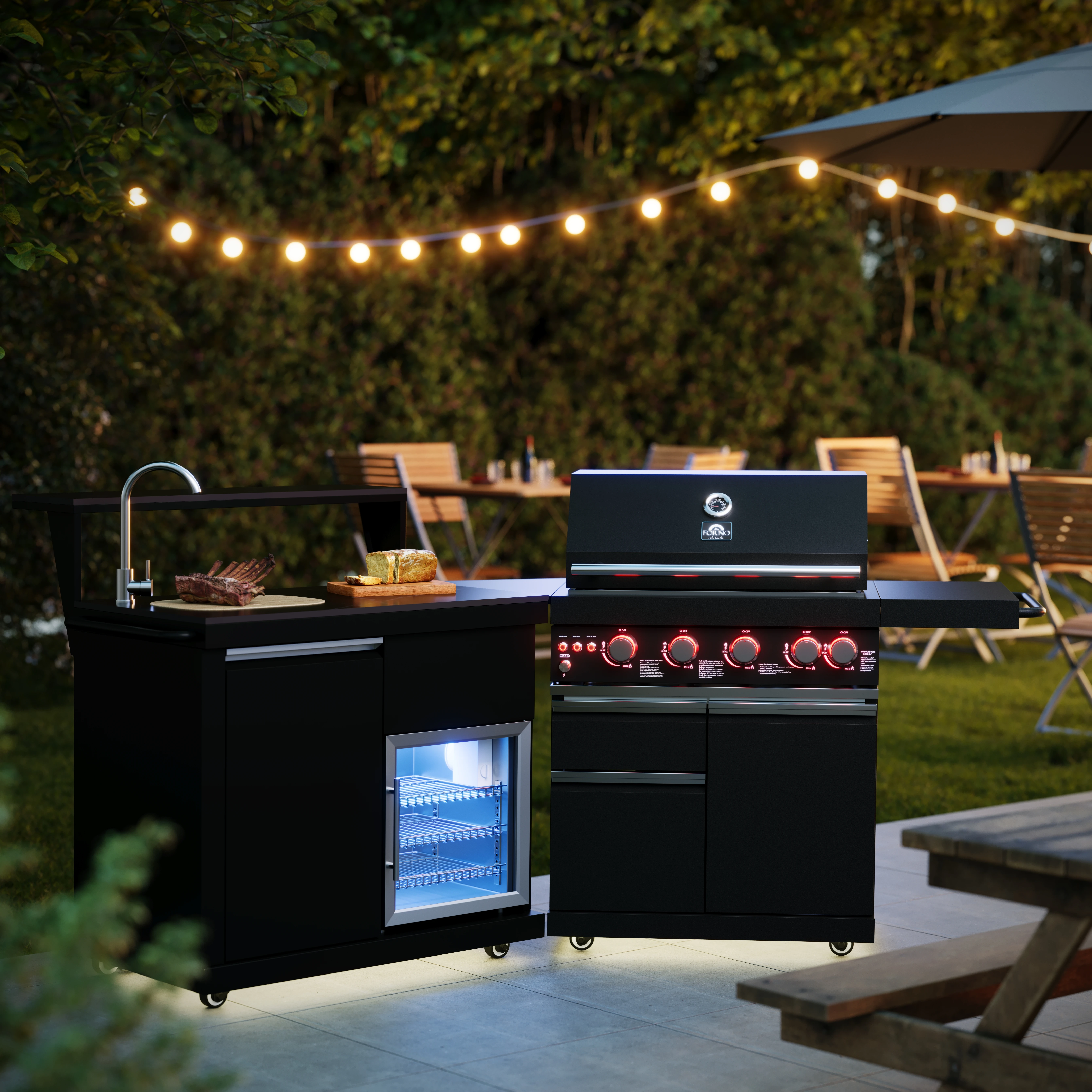 All’Aperto 62,600 BTU BBQ, 3 Burners, Infrared Burners, Sink Module, Sintered Stone Countertops, Bar and Beverage Center FODKT2582BLK