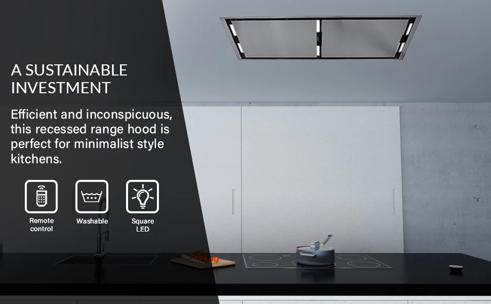 Arezzo 44-Inch Recessed Ceiling Range Hood, Dual Motors, 1200 CFM, Hybrid Filters, Remote Control FRHRE531244