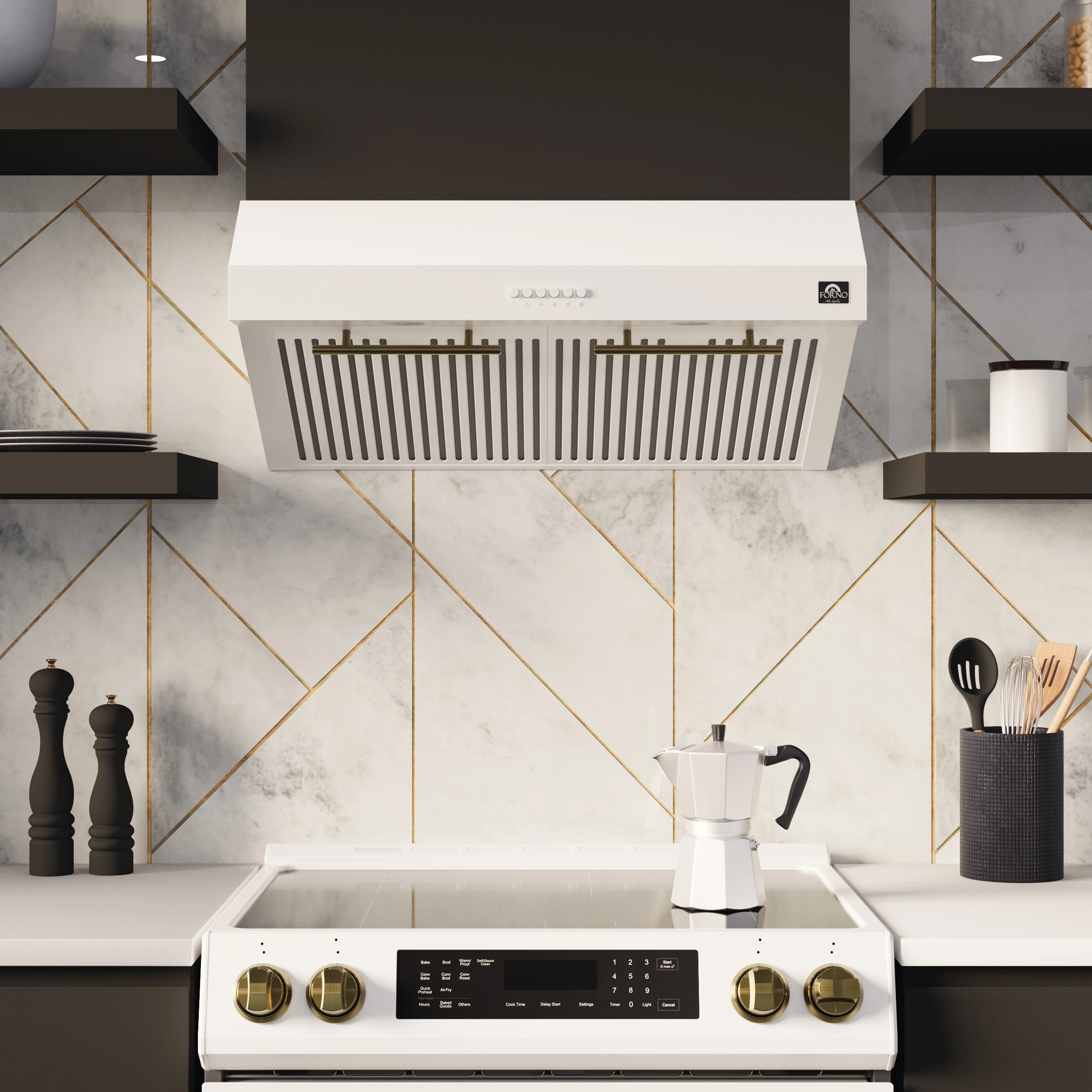 Bari Espresso 30-Inch Under Cabinet Range Hood, , 600 CFM, LED Lighting, Dishwasher-Safe Baffle Filters, 3-Speed Fan Control FRHUC525530WHT