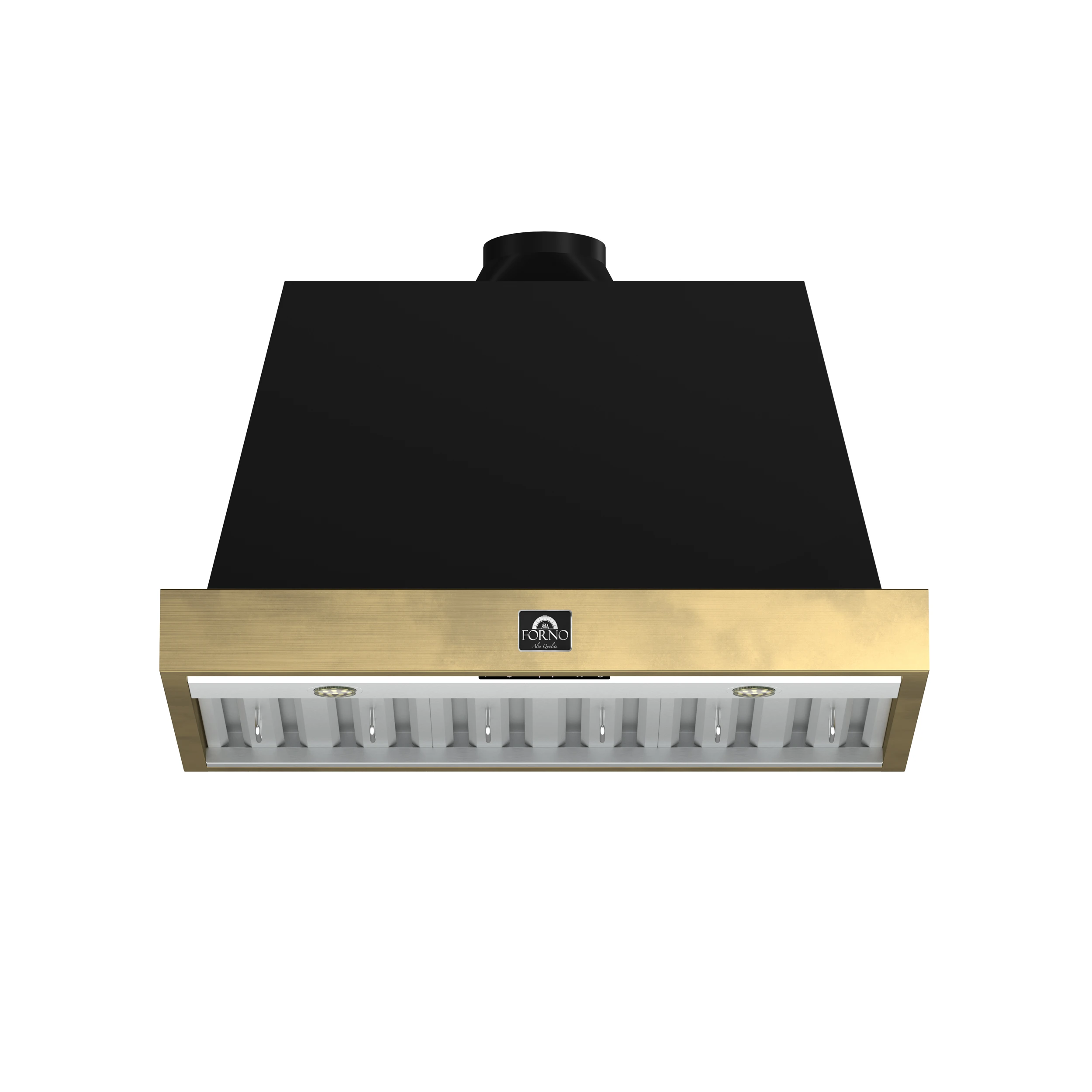 Vittorio 36-Inch Wall Mount Range Hood, Black with Antique Brass Trim, 600 CFM Airflow, Dishwasher-Safe Baffle Filters, Remote Control, 3-Speed Fan, Bright LED Lighting. FRHWM507836BLK