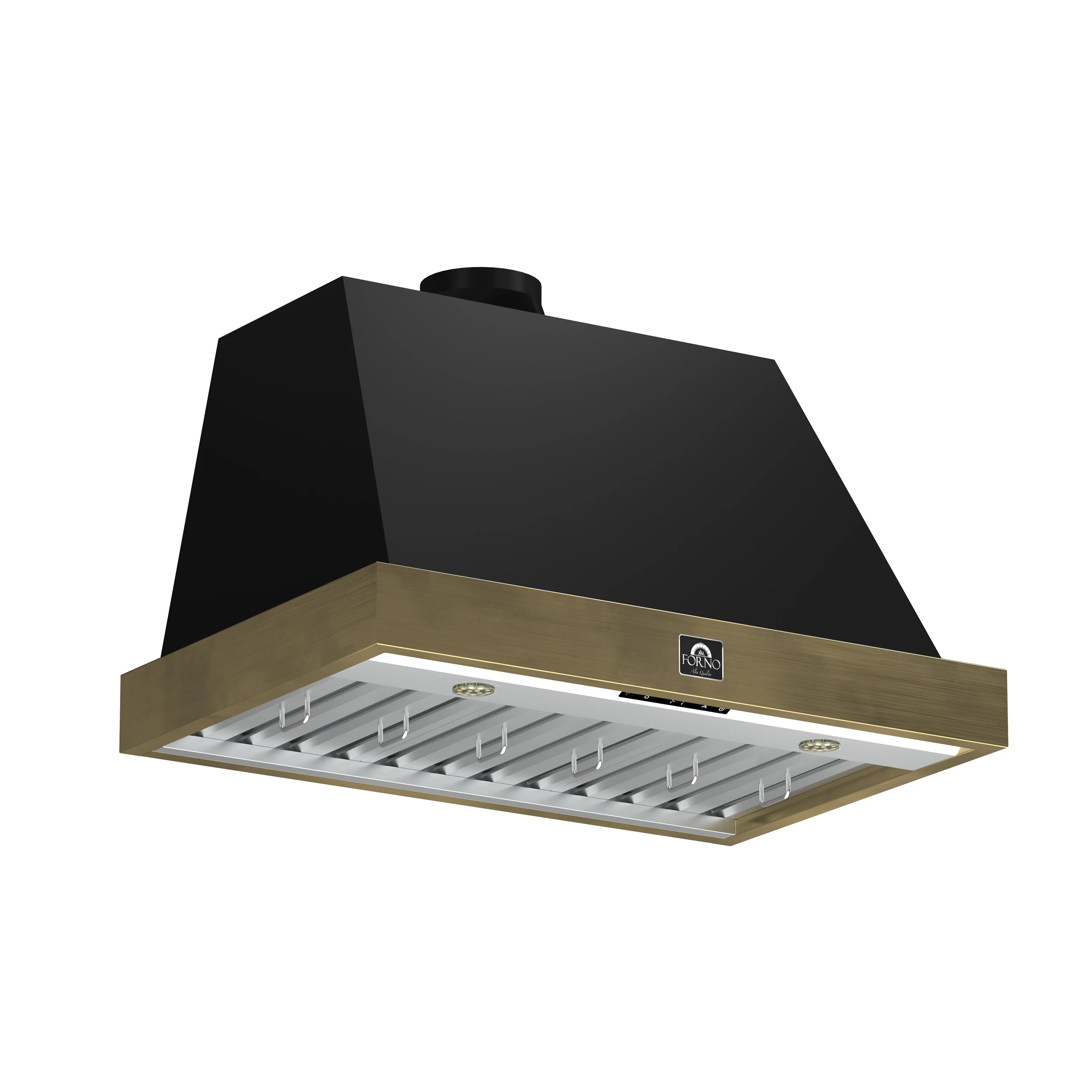 Vittorio 36-Inch Wall Mount Range Hood, Black with Antique Brass Trim, 600 CFM Airflow, Dishwasher-Safe Baffle Filters, Remote Control, 3-Speed Fan, Bright LED Lighting. FRHWM507836BLK
