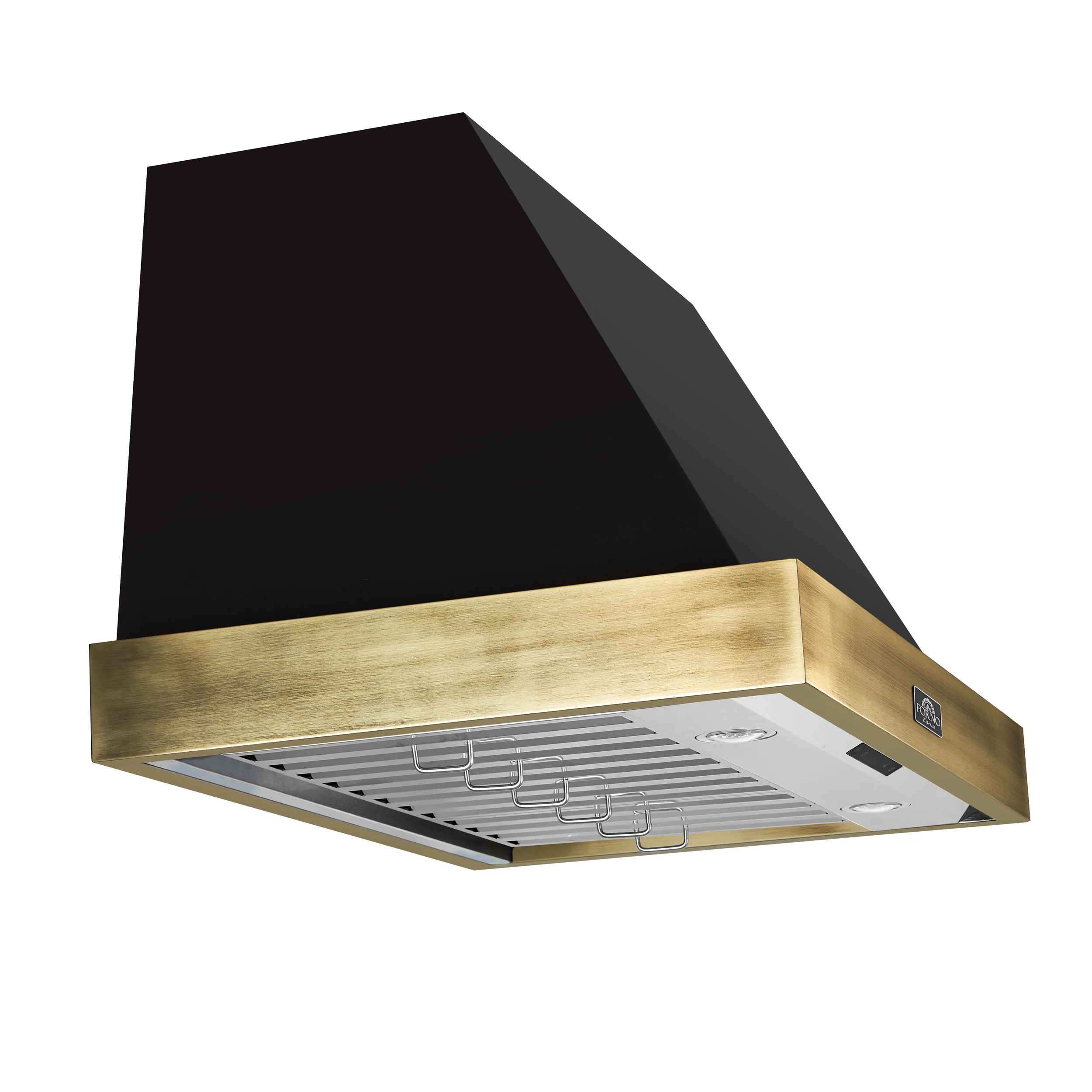 Vittorio 36-Inch Wall Mount Range Hood, Black with Antique Brass Trim, 600 CFM Airflow, Dishwasher-Safe Baffle Filters, Remote Control, 3-Speed Fan, Bright LED Lighting. FRHWM507836BLK