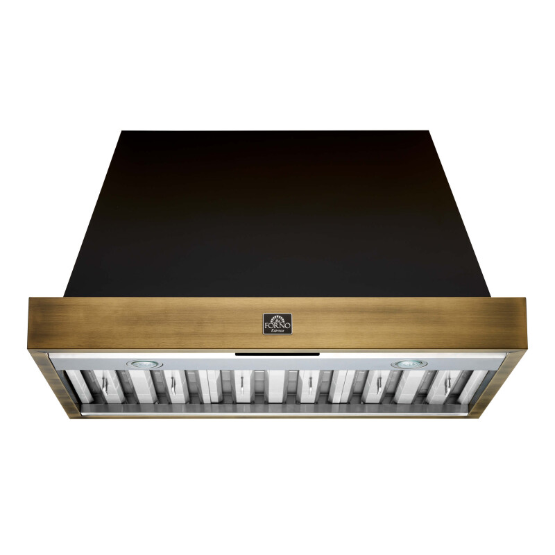 FORNO Vittorio 36″ Wall Mount Range Hood in Black & Antique Brass Trim, 600 CFM with Baffle Filters & Remote Control FRHWM507836BLK