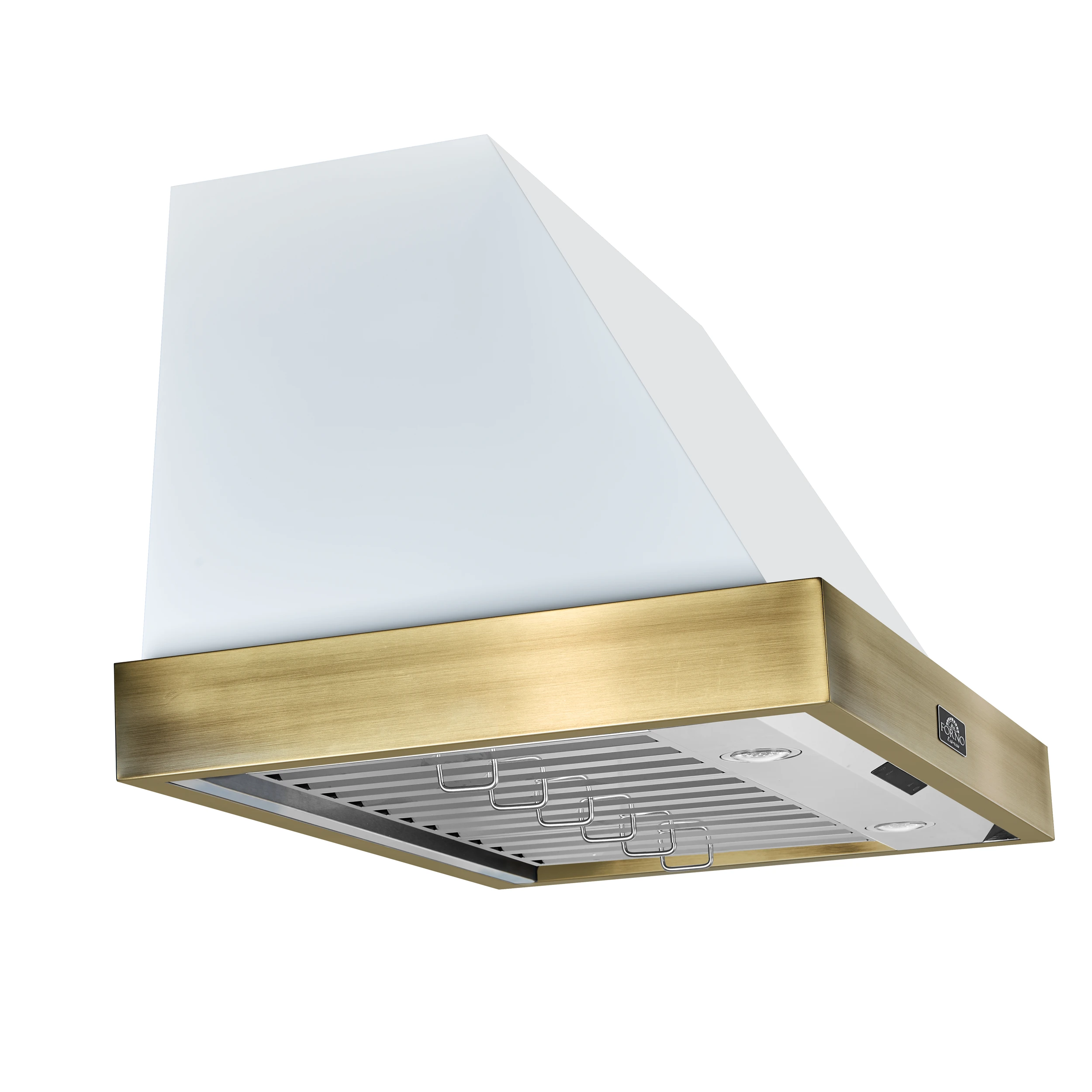 Vittorio 36-Inch Wall Mount Range Hood, White with Antique Brass Trim, 600 CFM Airflow, Dishwasher-Safe Baffle Filters, Remote Control, 3-Speed Fan, Bright LED Lighting. FRHWM507836WHT