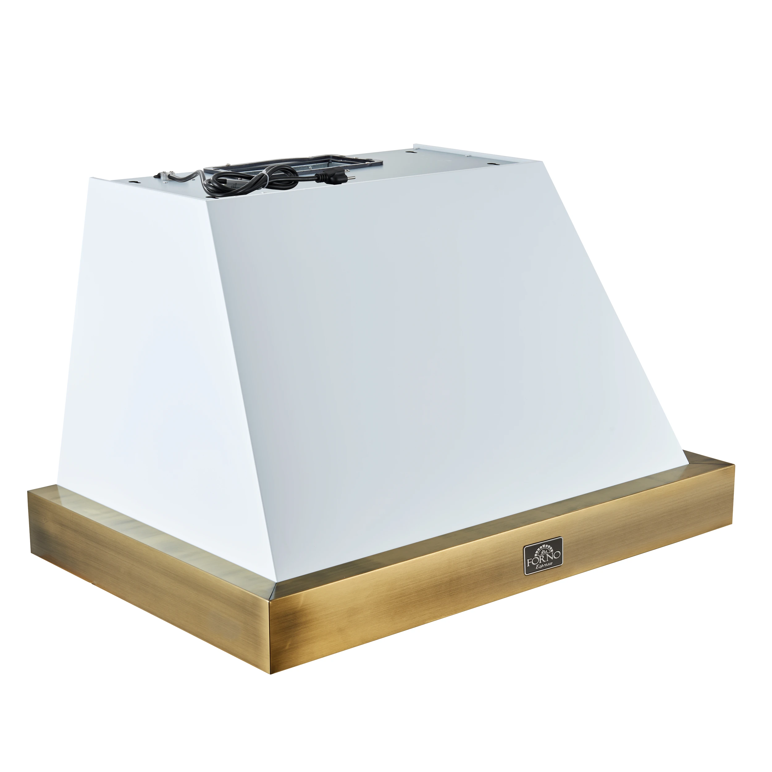 Vittorio 36-Inch Wall Mount Range Hood, White with Antique Brass Trim, 600 CFM Airflow, Dishwasher-Safe Baffle Filters, Remote Control, 3-Speed Fan, Bright LED Lighting. FRHWM507836WHT