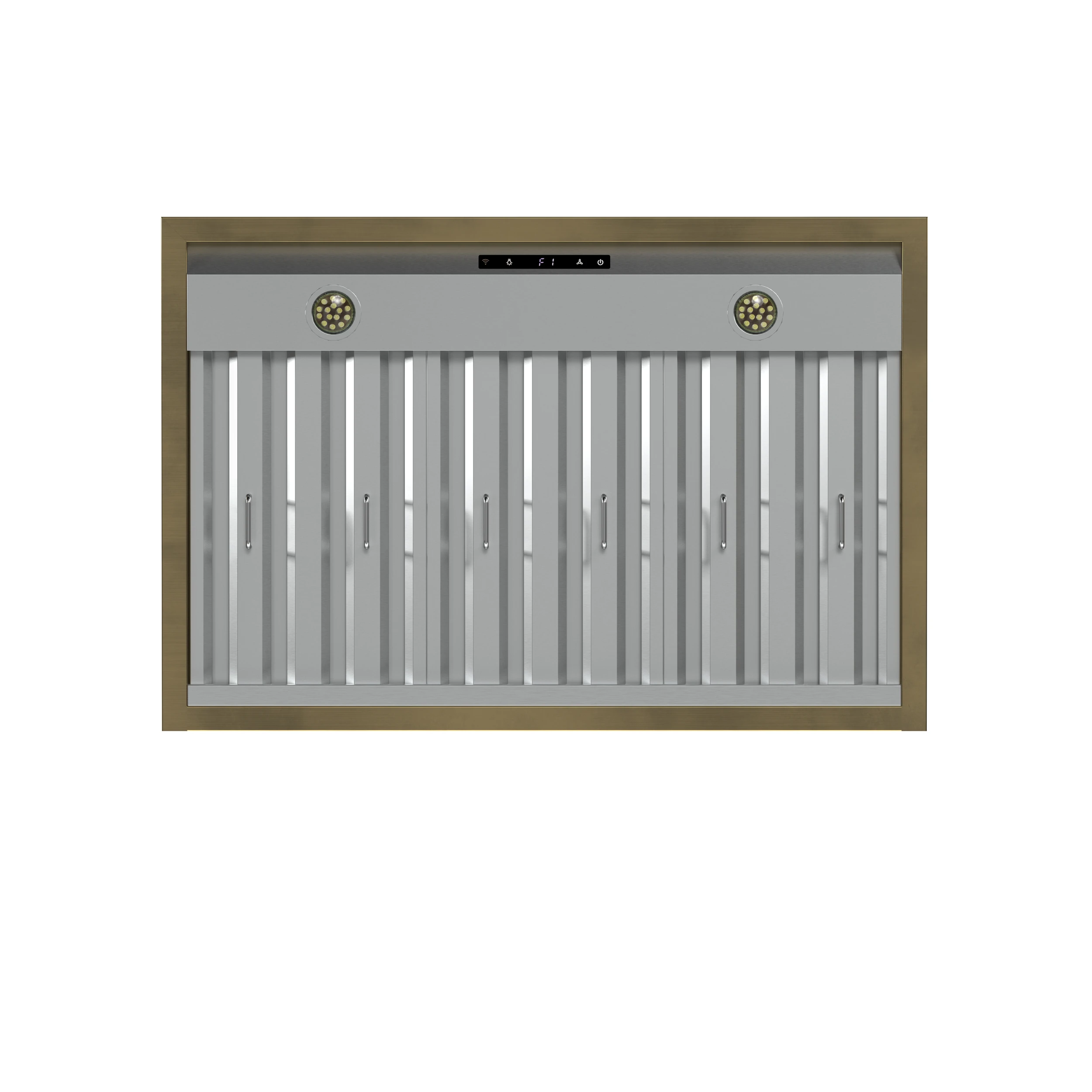Vittorio 36-Inch Wall Mount Range Hood, White with Antique Brass Trim, 600 CFM Airflow, Dishwasher-Safe Baffle Filters, Remote Control, 3-Speed Fan, Bright LED Lighting. FRHWM507836WHT