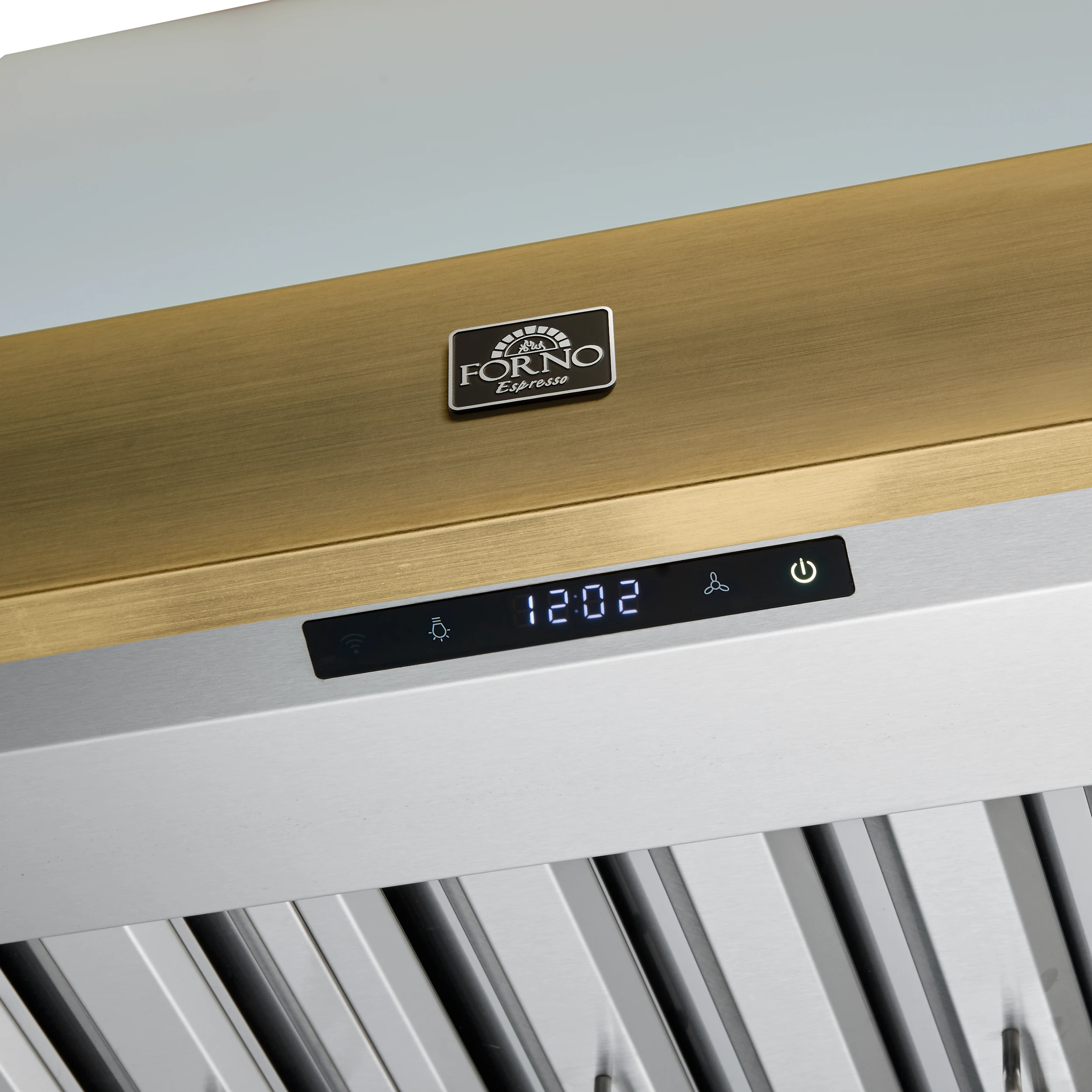 Vittorio 36-Inch Wall Mount Range Hood, White with Antique Brass Trim, 600 CFM Airflow, Dishwasher-Safe Baffle Filters, Remote Control, 3-Speed Fan, Bright LED Lighting. FRHWM507836WHT