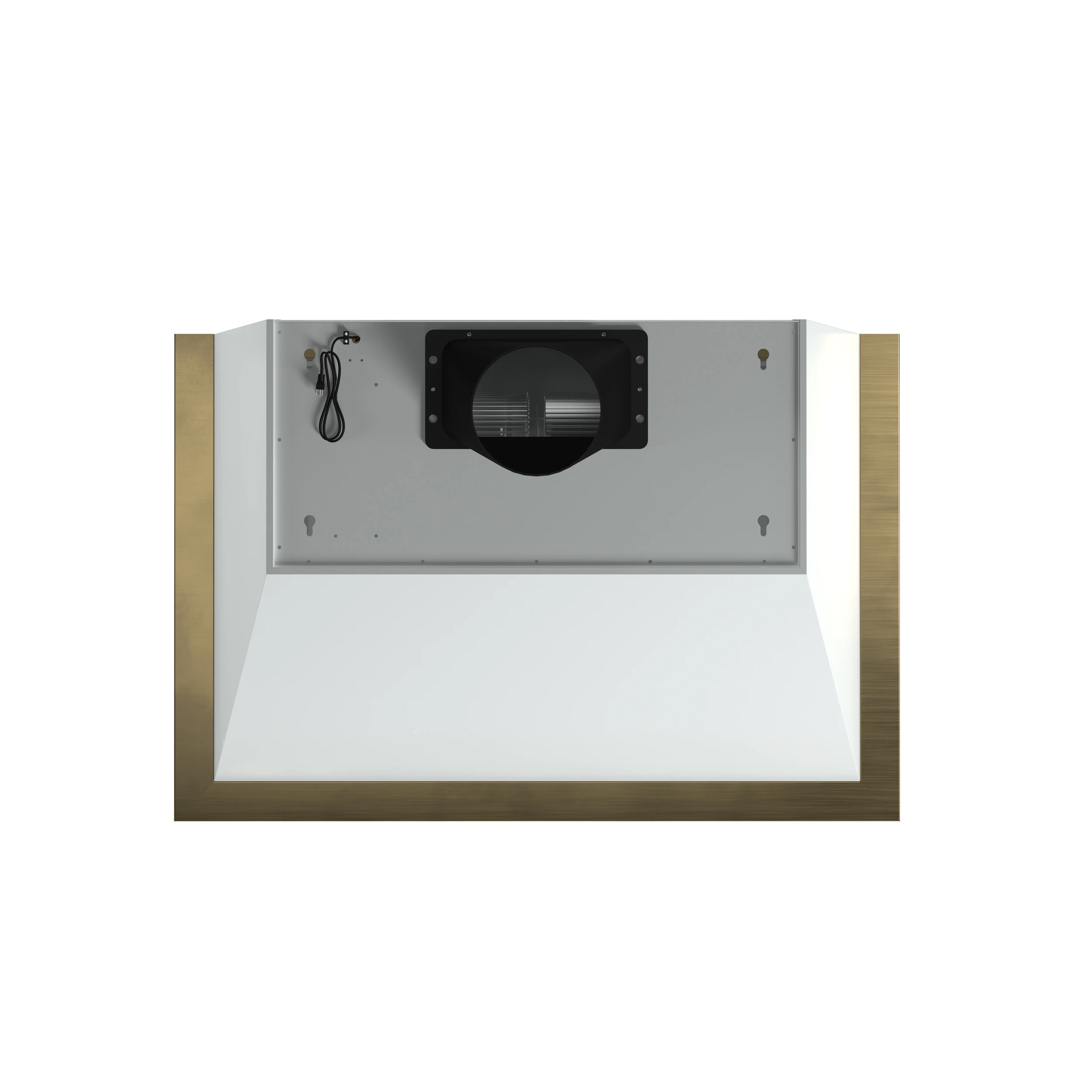 Vittorio 36-Inch Wall Mount Range Hood, White with Antique Brass Trim, 600 CFM Airflow, Dishwasher-Safe Baffle Filters, Remote Control, 3-Speed Fan, Bright LED Lighting. FRHWM507836WHT