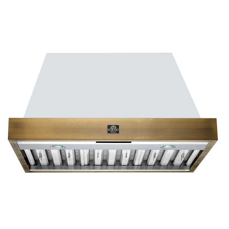 FORNO Vittorio 36″ Wall Mount Range Hood in Black & Antique Brass Trim, 600 CFM with Baffle Filters & Remote Control FRHWM507836WHT